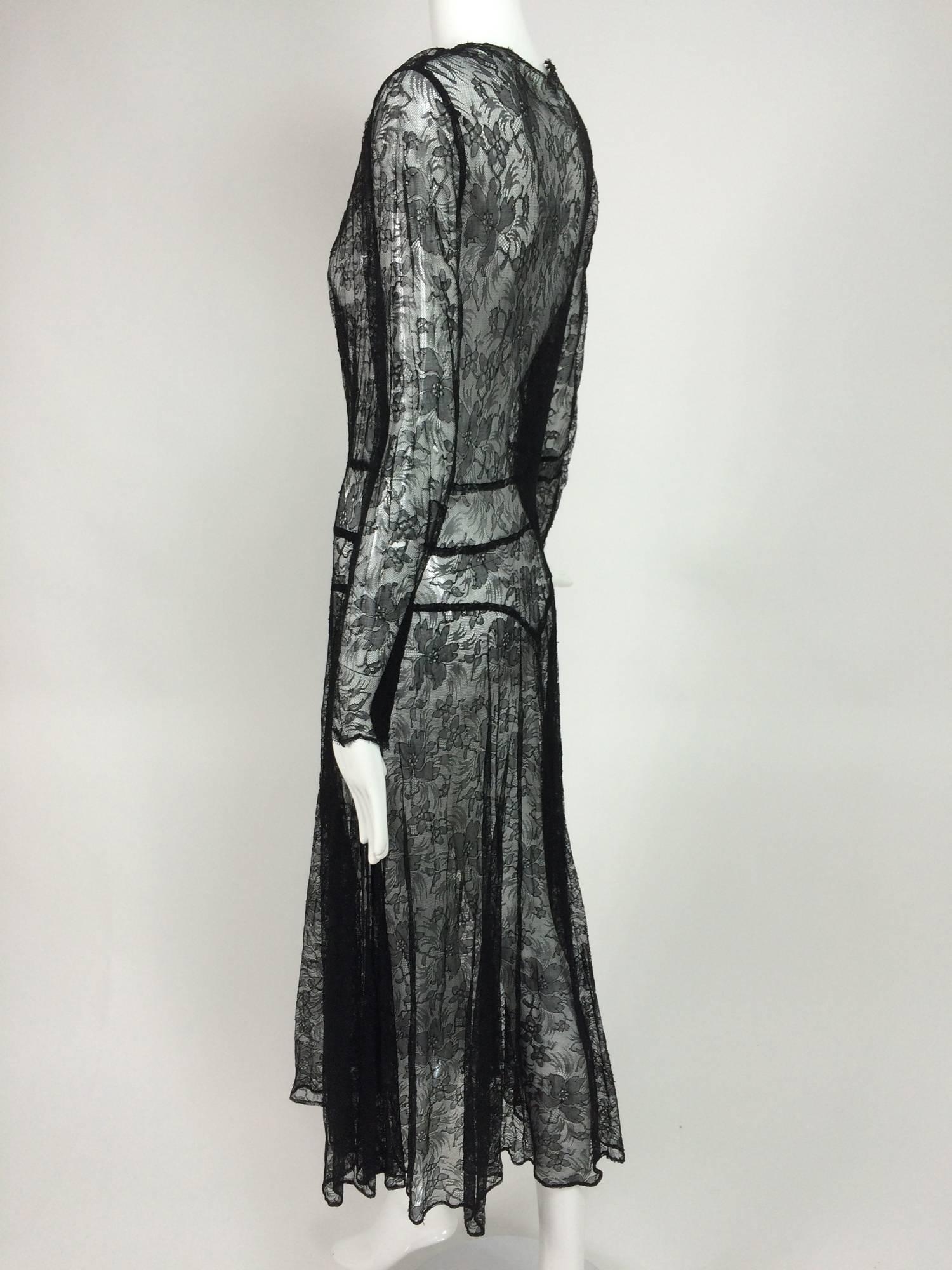1940s sheer black lace bias cut dress with plunge neckline 3