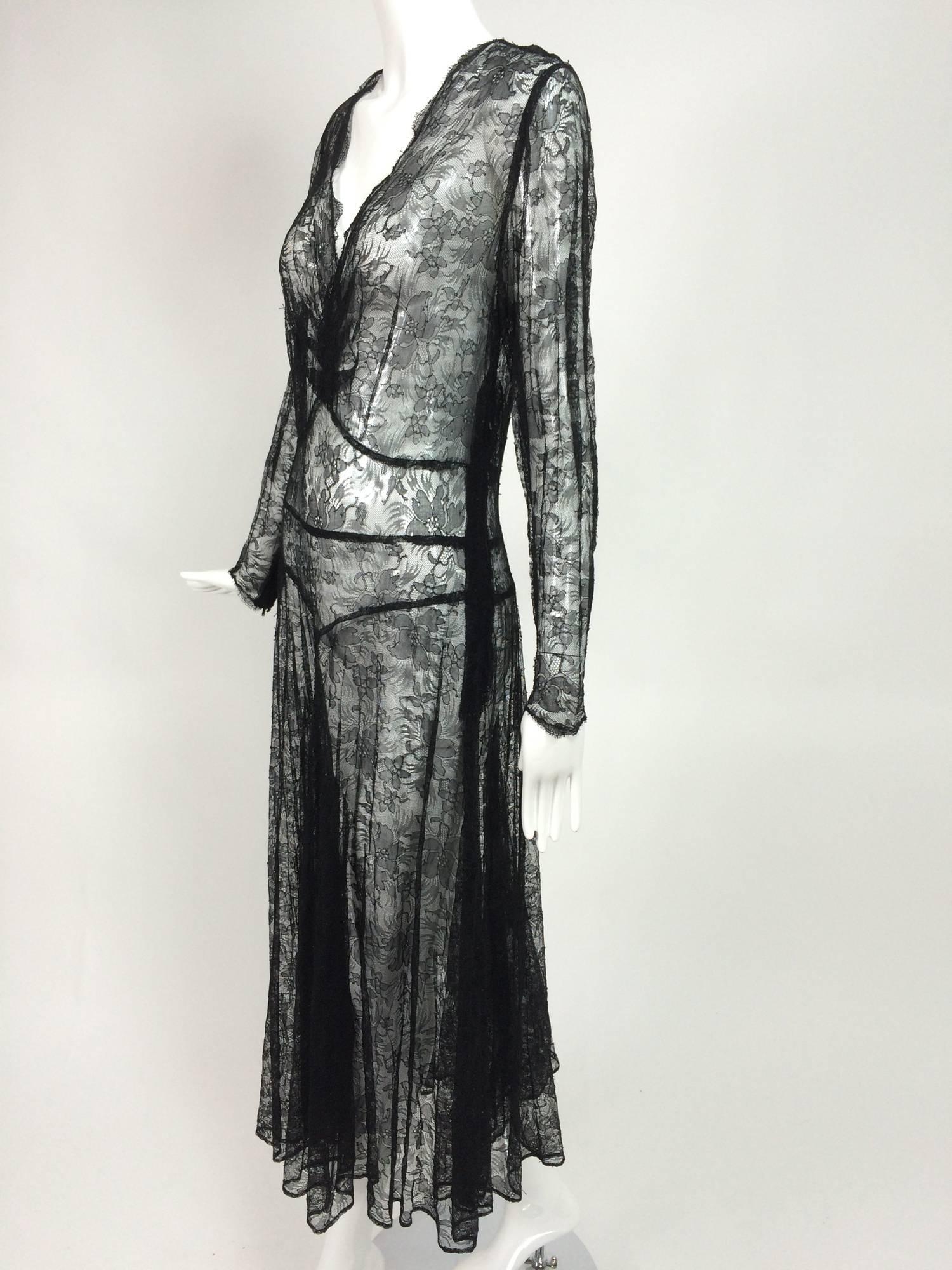 1940s sheer black lace bias cut dress with plunge neckline 5