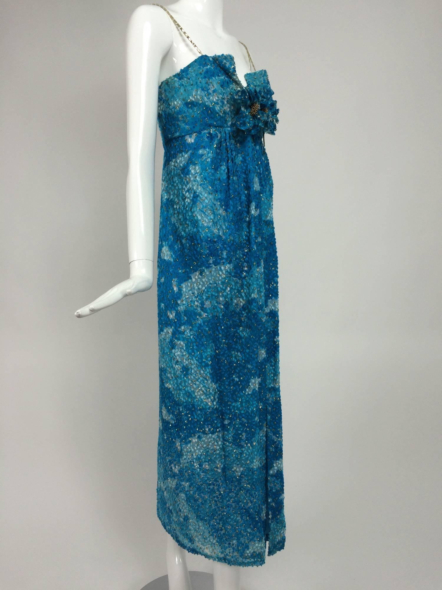 Blue Sea blue metallic coups de velours plunge bodice maxi dress 1970s 