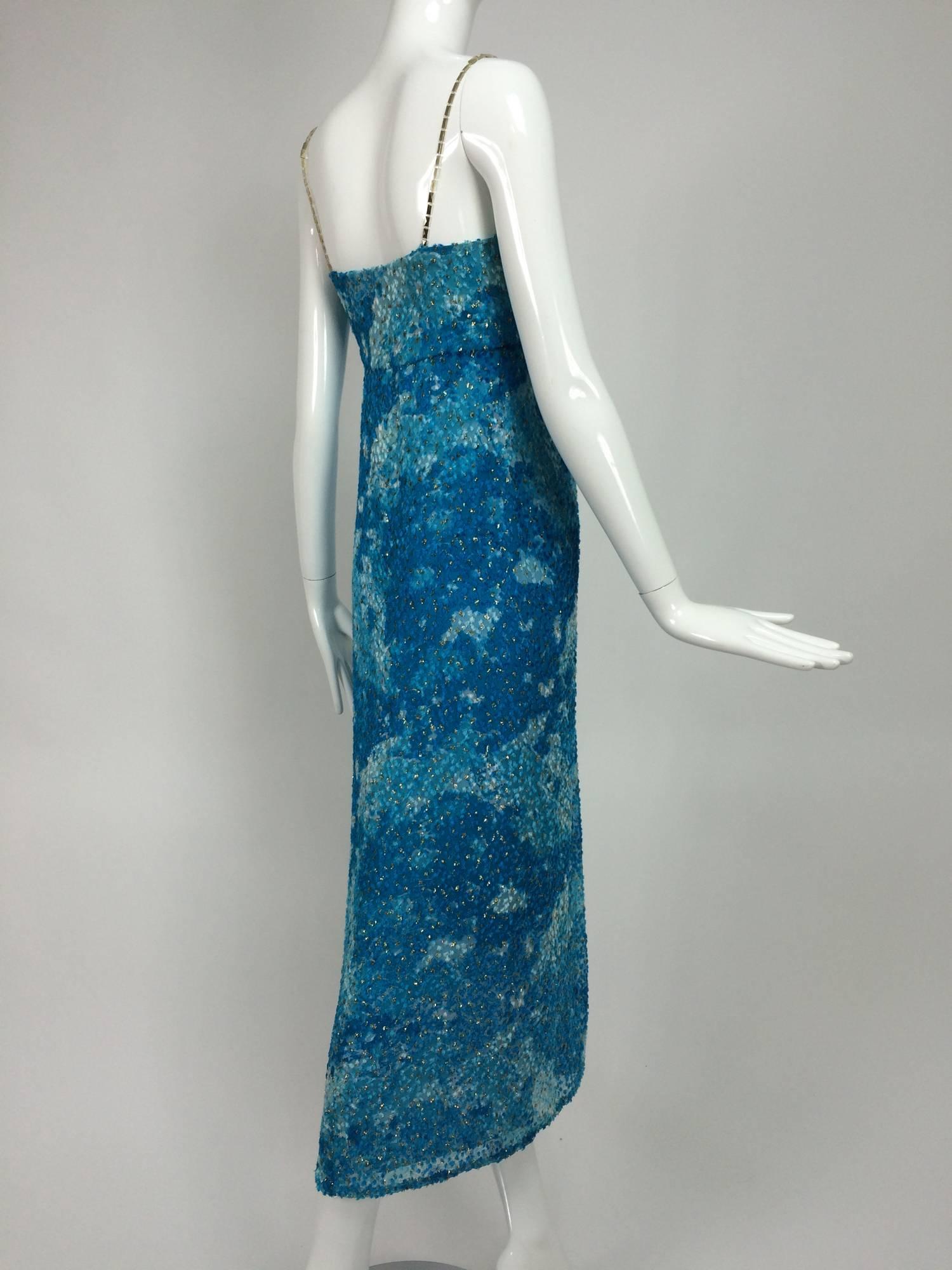 Sea blue metallic coups de velours plunge bodice maxi dress 1970s  In Excellent Condition In West Palm Beach, FL
