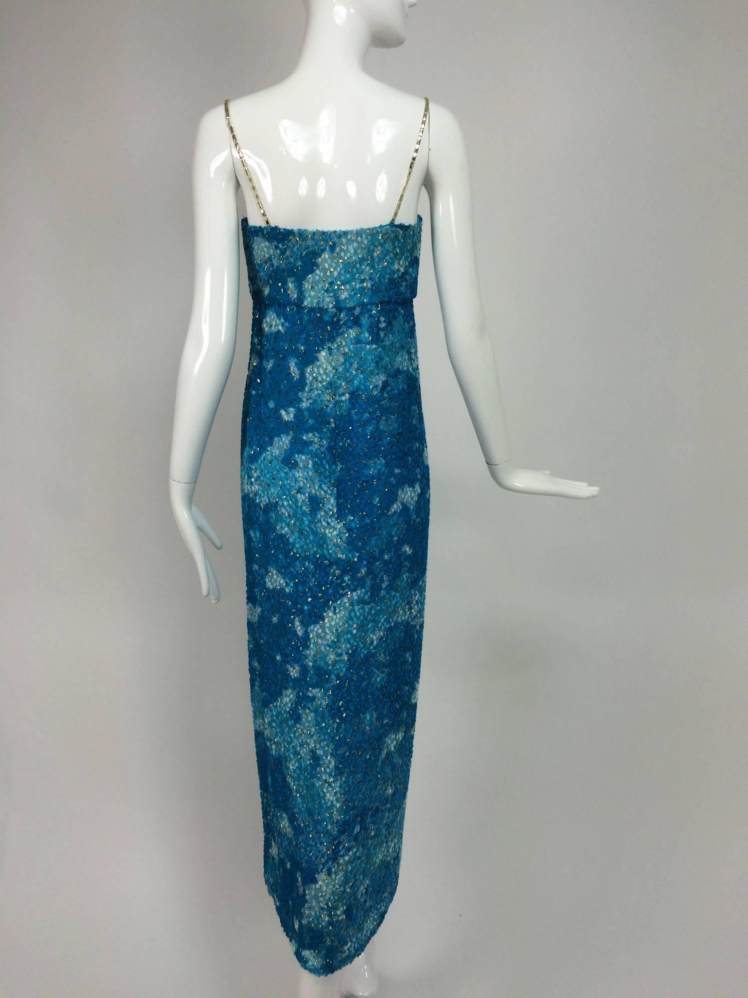 Women's Sea blue metallic coups de velours plunge bodice maxi dress 1970s 