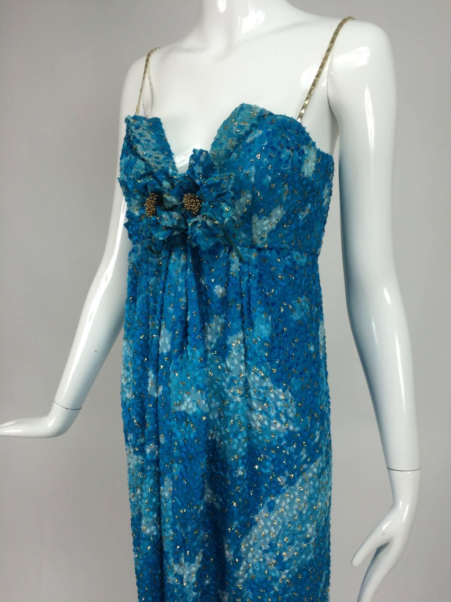 Sea blue metallic coups de velours plunge bodice maxi dress 1970s  3