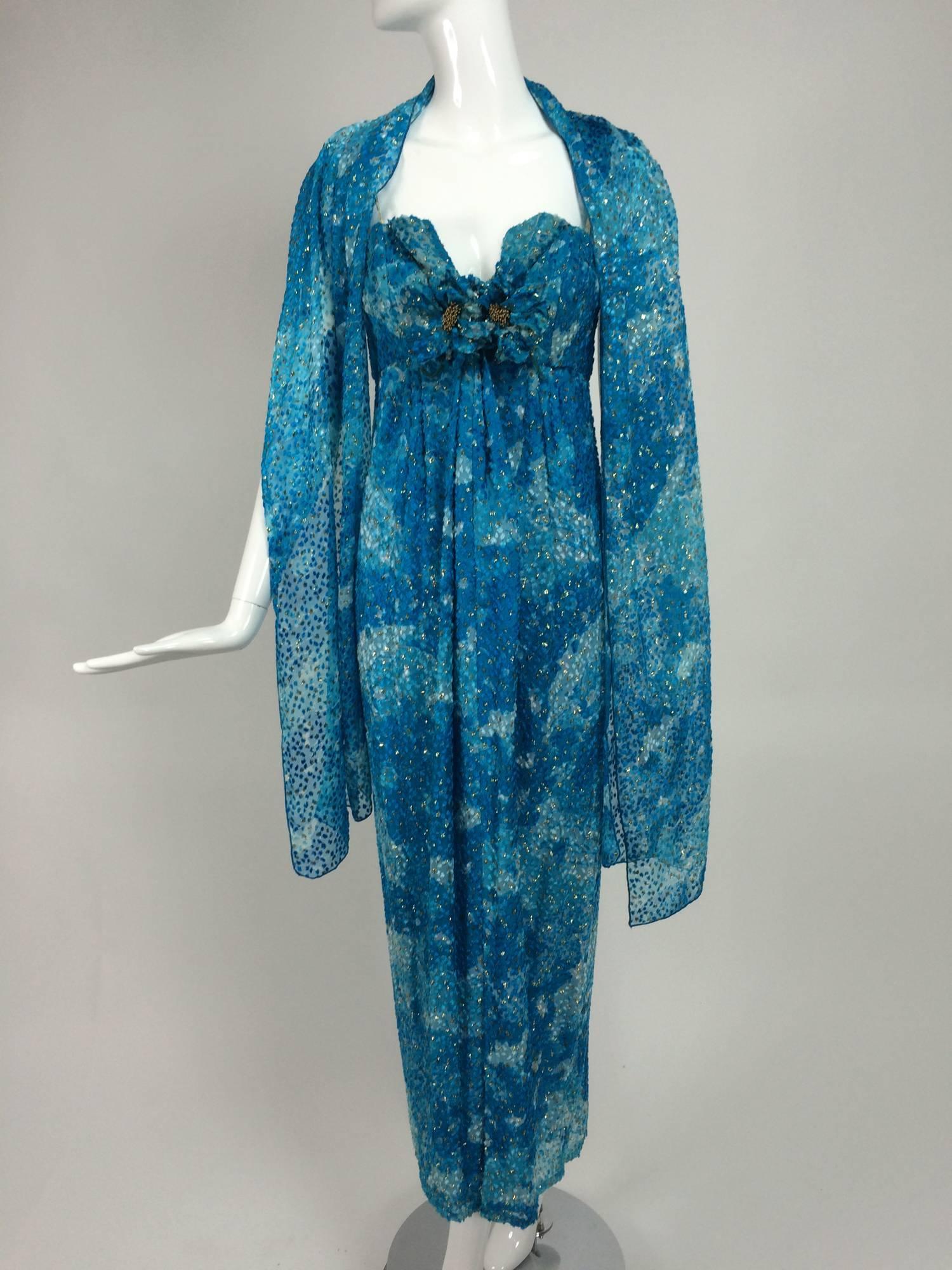 Sea blue metallic coups de velours plunge bodice maxi dress 1970s  4