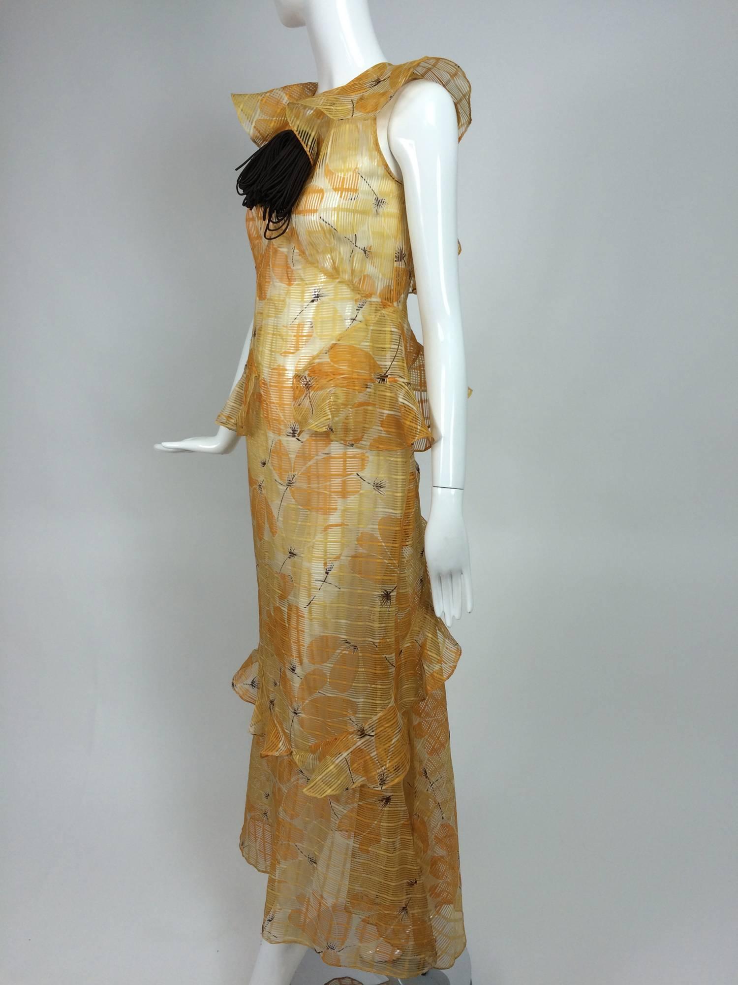 Brown Sheer Woven Organdy ruffle daydress in floral cream & orange 1930s unworn