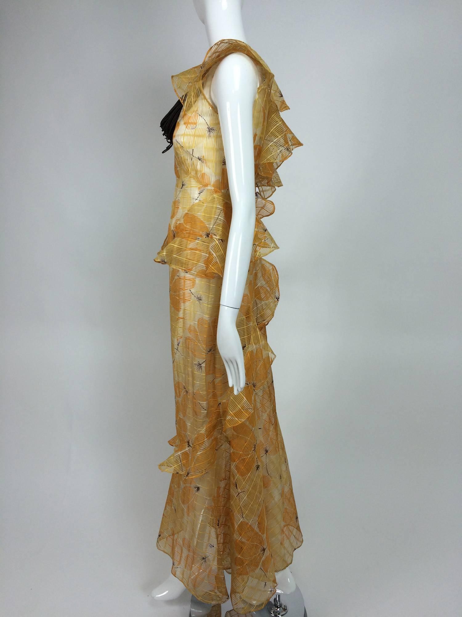 Sheer Woven Organdy ruffle daydress in floral cream & orange 1930s unworn In New Condition In West Palm Beach, FL