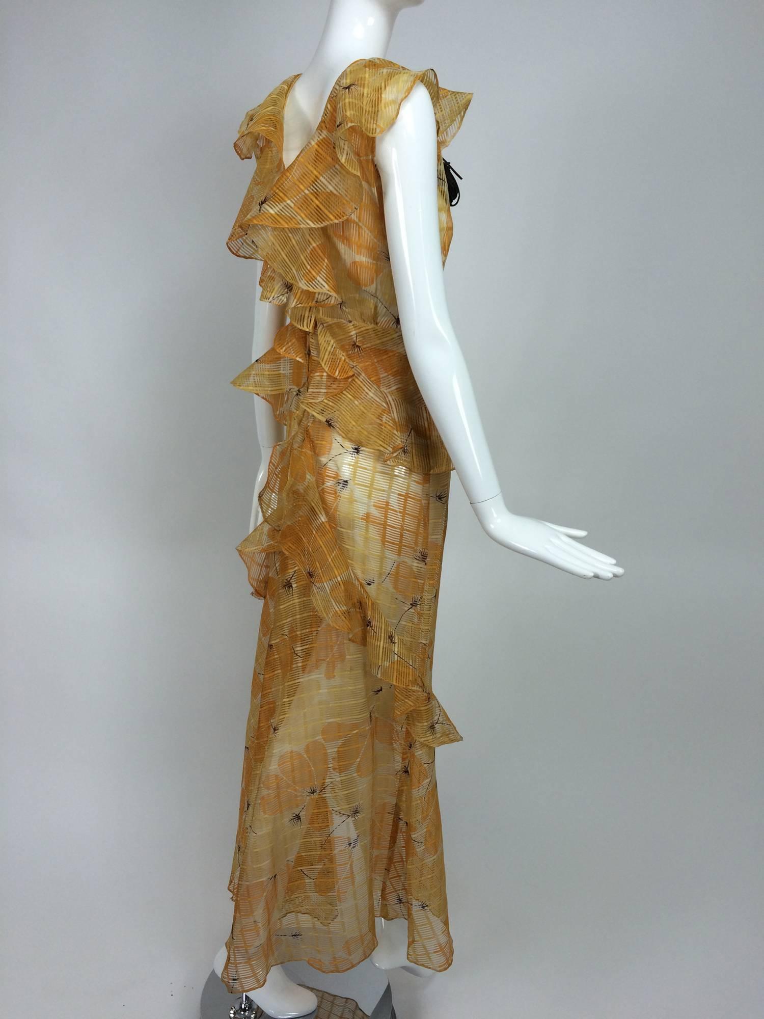 Sheer Woven Organdy ruffle daydress in floral cream & orange 1930s unworn 1