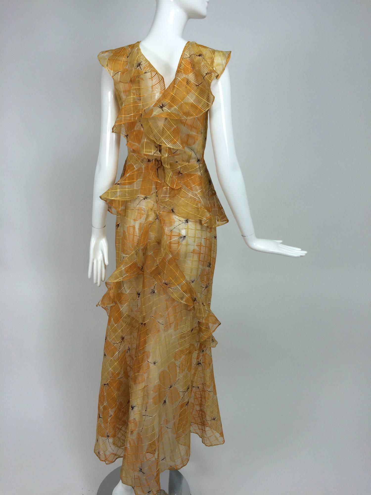 Sheer Woven Organdy ruffle daydress in floral cream & orange 1930s unworn 2