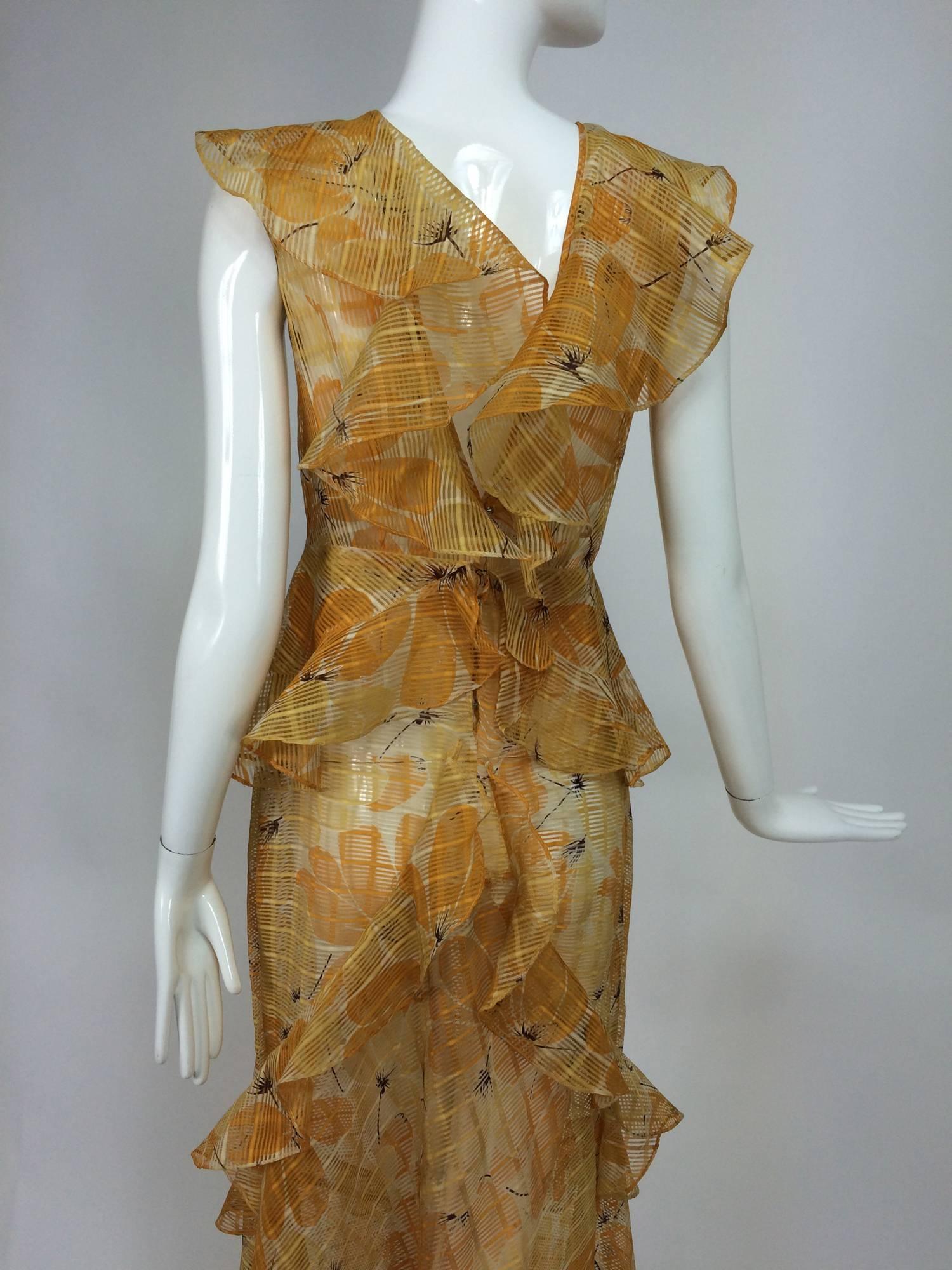 Sheer Woven Organdy ruffle daydress in floral cream & orange 1930s unworn 3