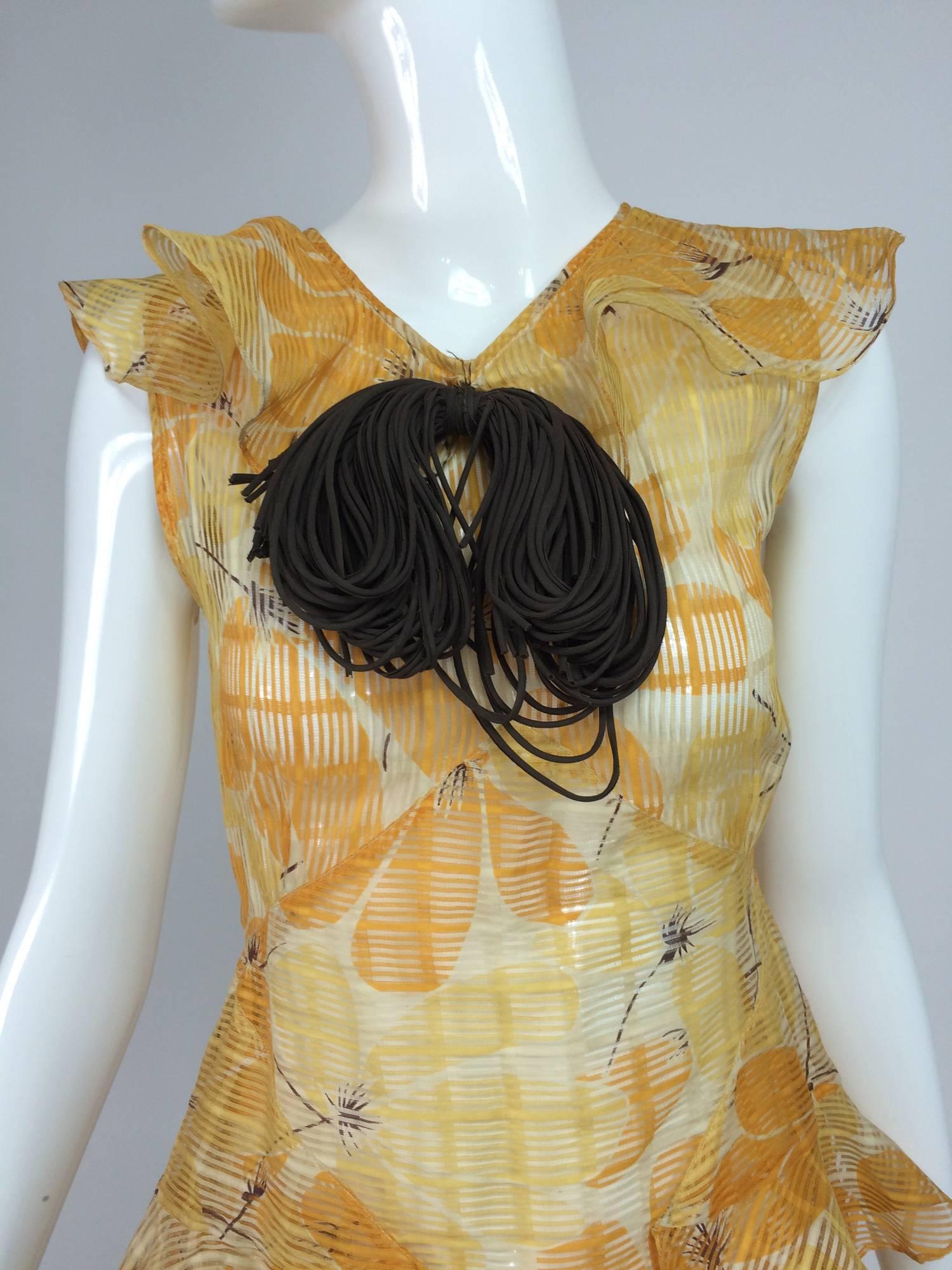 Sheer Woven Organdy ruffle daydress in floral cream & orange 1930s unworn 4