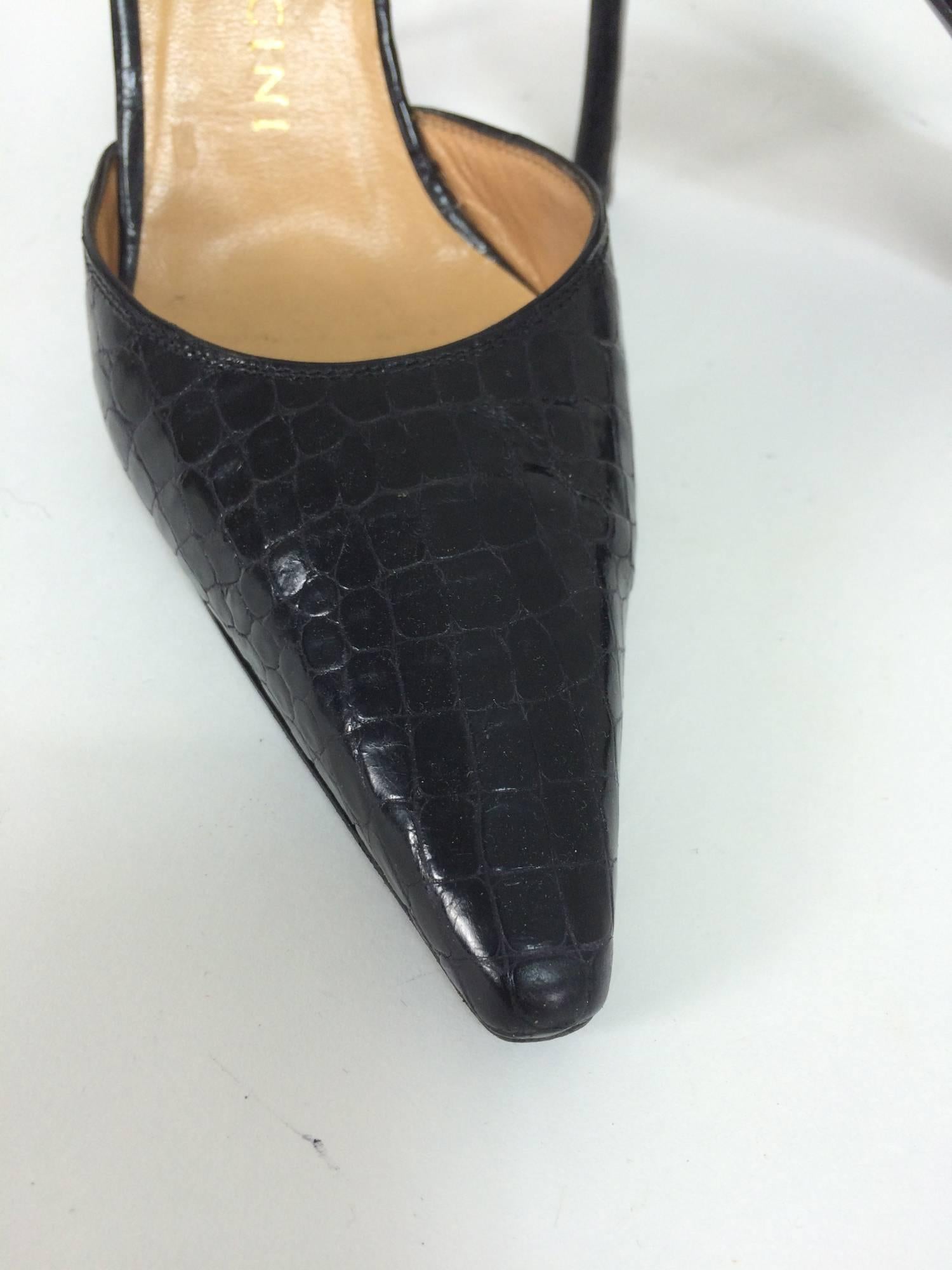 Black Rene Mancini glazed black alligator sling back high heel pumps 37M