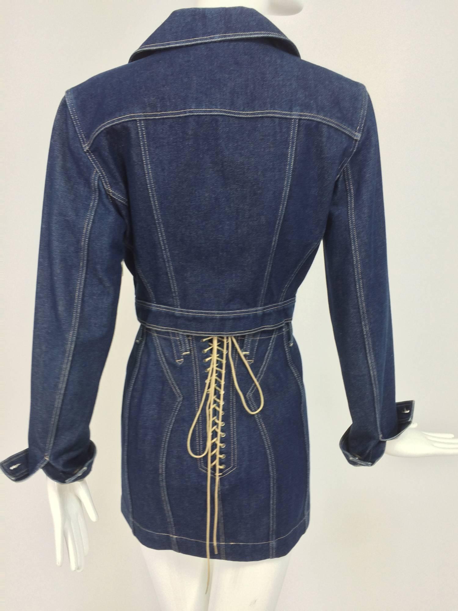 Azzedine Alaia denim skirt suit with lace back skirt 1980s...Retailed at Caron Cherry in Miami the shop only carried cutting edge 80s designers back in the day...Double breasted jacket with a cropped pea coat feel, nautical...The matching skirt