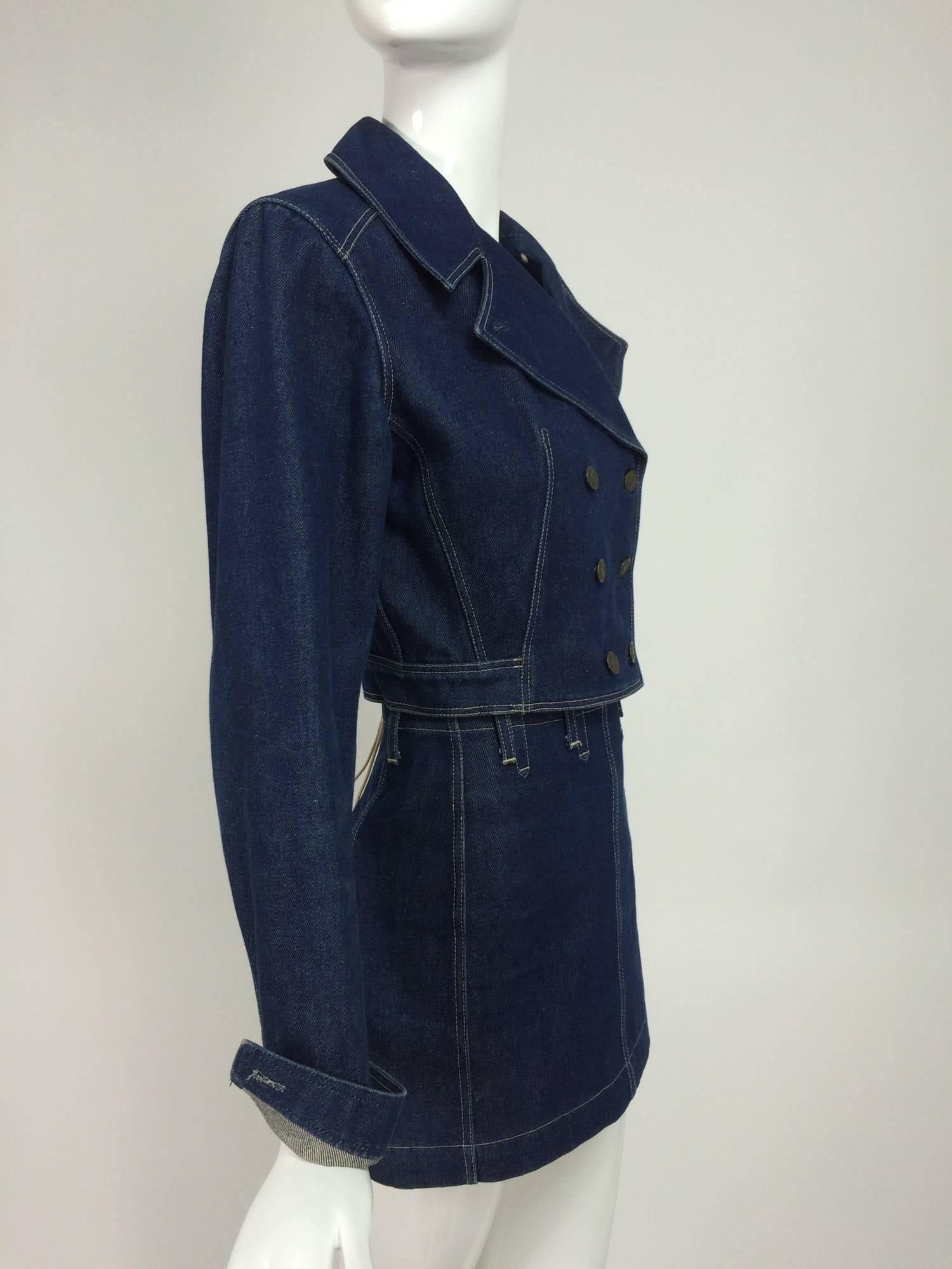  Rare tailleur jupe en denim Azzedine Alaia-Caron Cherry avec jupe en dentelle au dos 1980 Pour femmes 