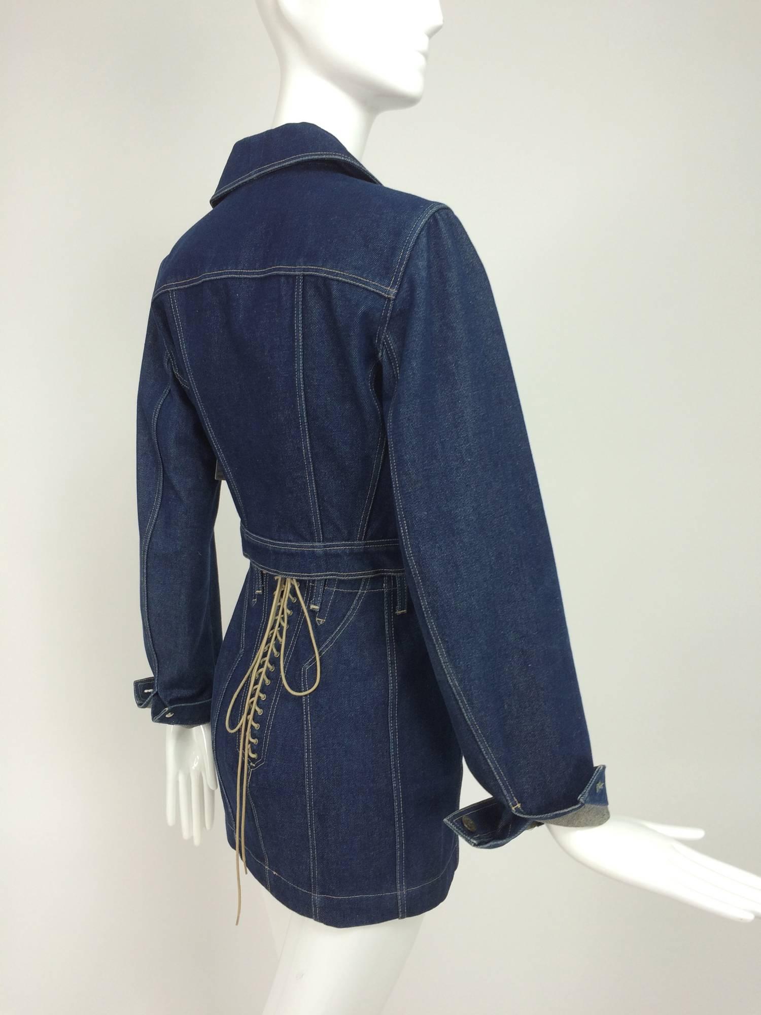 Rare tailleur jupe en denim Azzedine Alaia-Caron Cherry avec jupe en dentelle au dos 1980 1