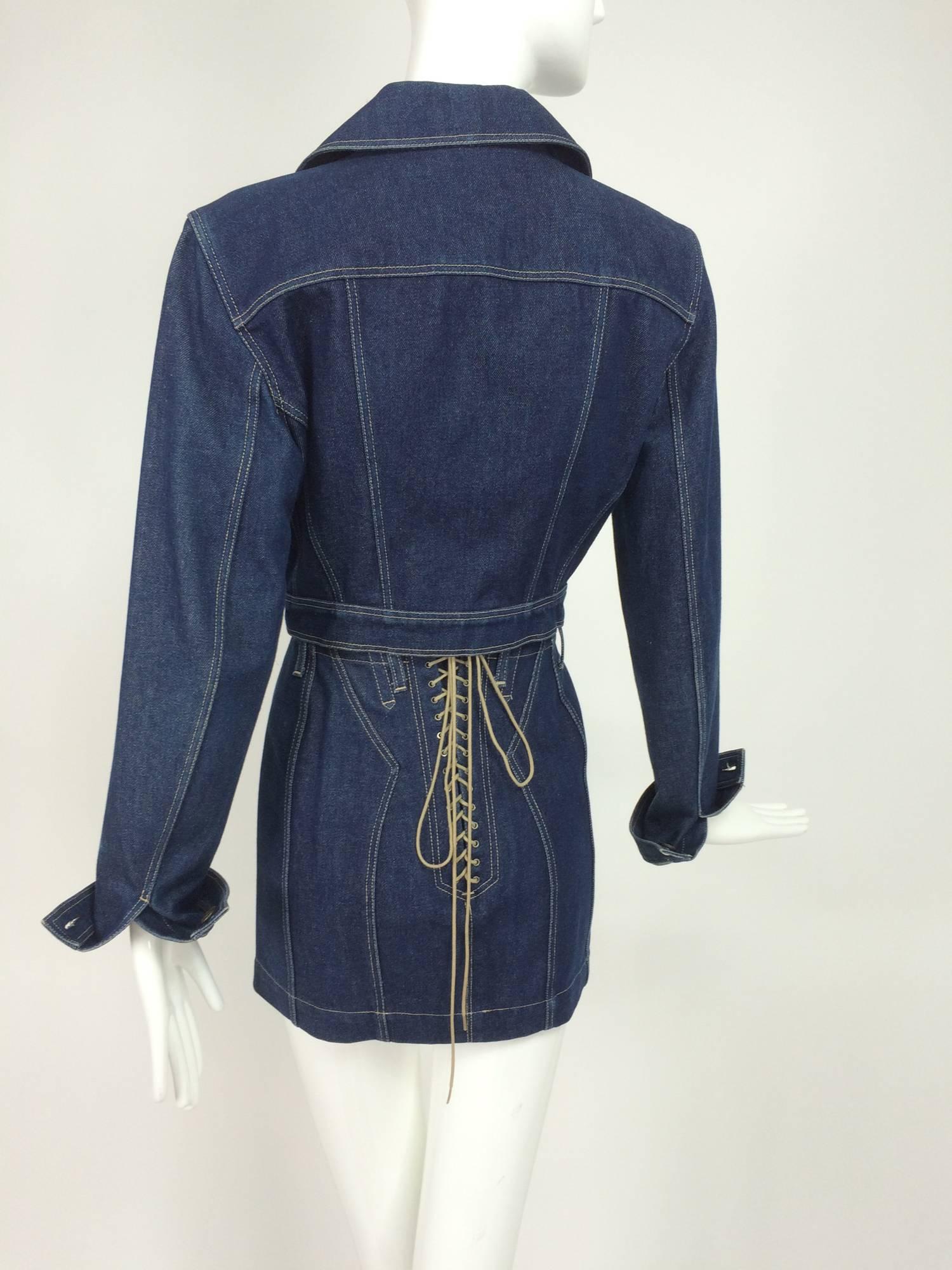 Rare tailleur jupe en denim Azzedine Alaia-Caron Cherry avec jupe en dentelle au dos 1980 2
