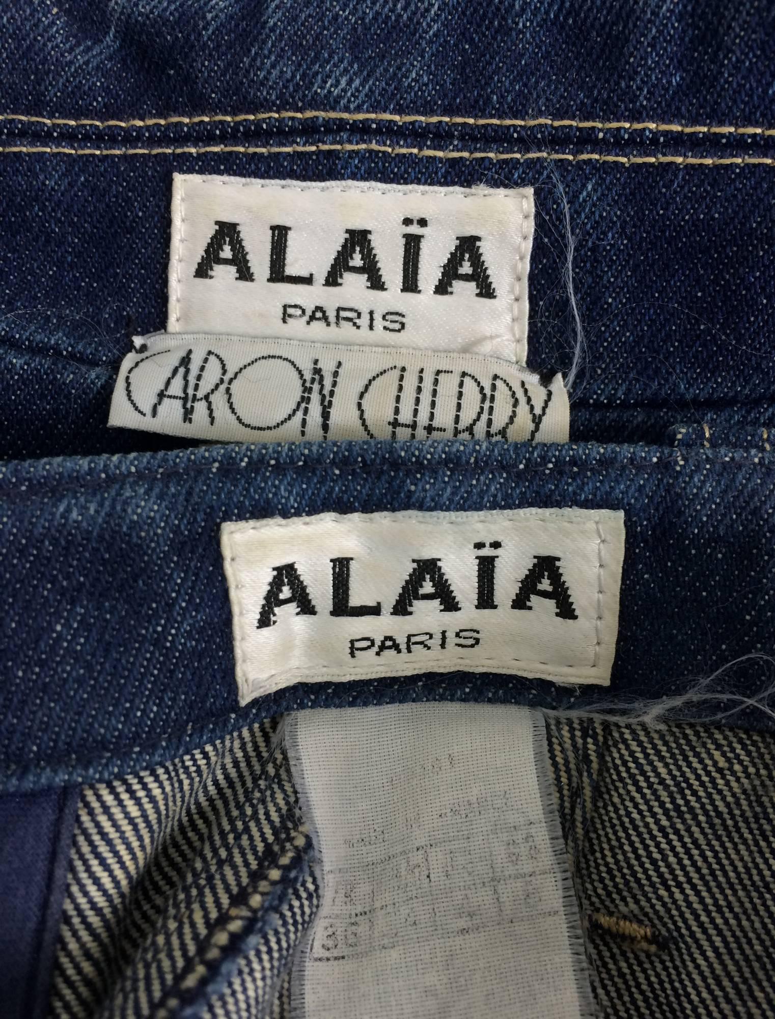 Rare tailleur jupe en denim Azzedine Alaia-Caron Cherry avec jupe en dentelle au dos 1980 4