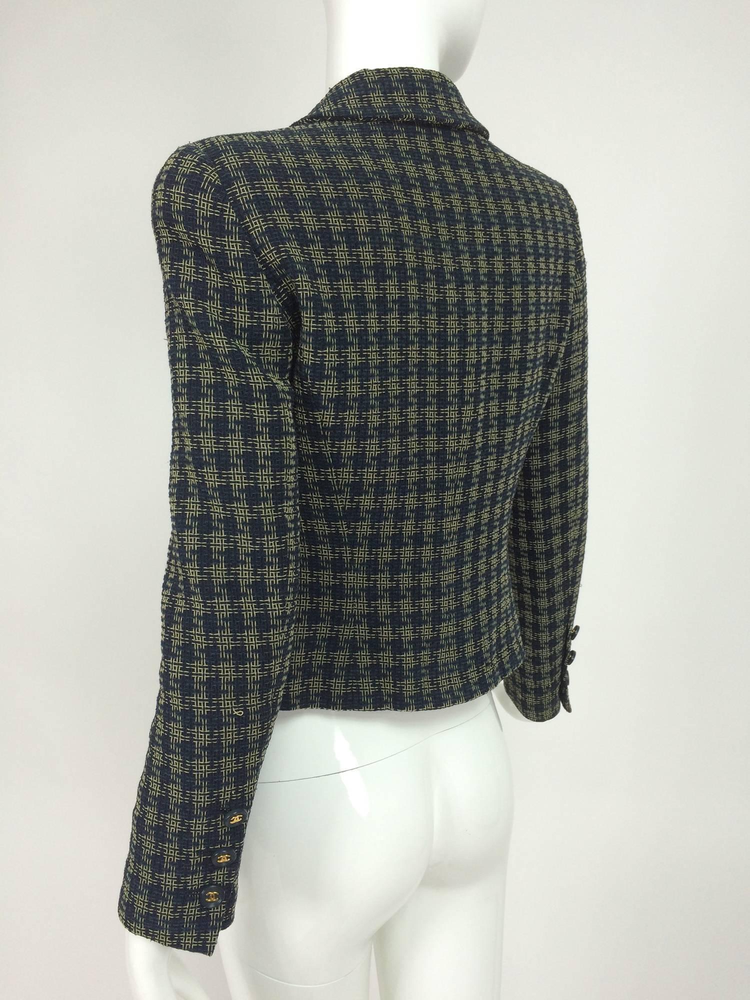 Black Chanel navy & cream open weave check cropped jacket 