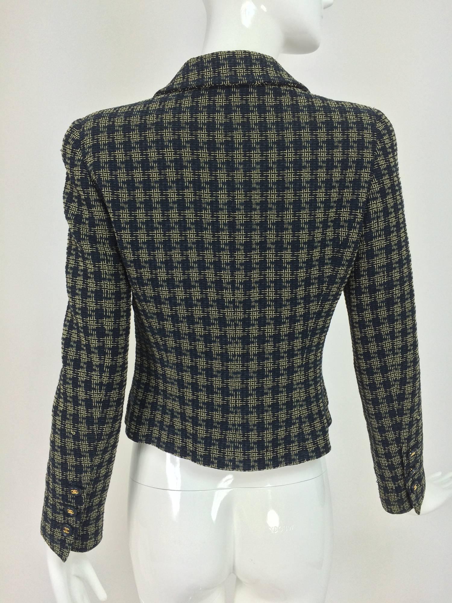 Chanel navy and cream open weave check cropped jacket For Sale at 1stDibs