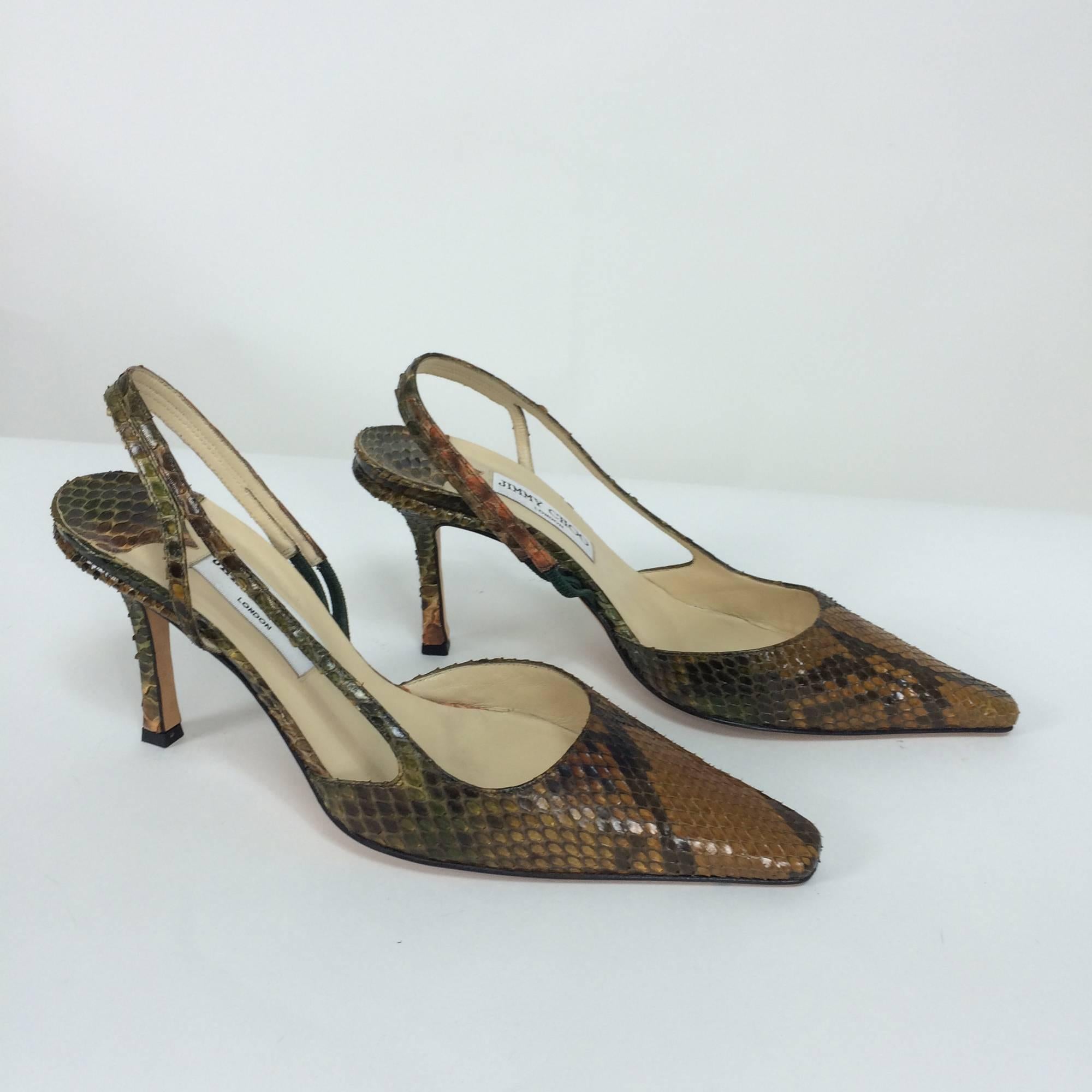 Jimmy Choo snake skin sling back pumps 38 1/2 M...Look barely, if ever, worn...Warm caramel and moss green skins...Excellent 38 1/2M