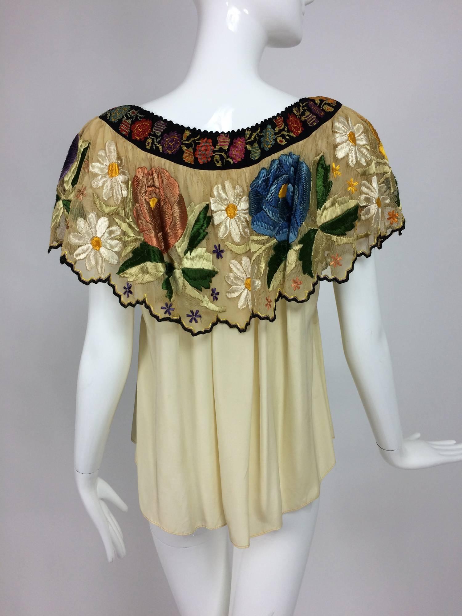 Vintage Mexican silk needle point & embroidered peasant blouse 1940s  1