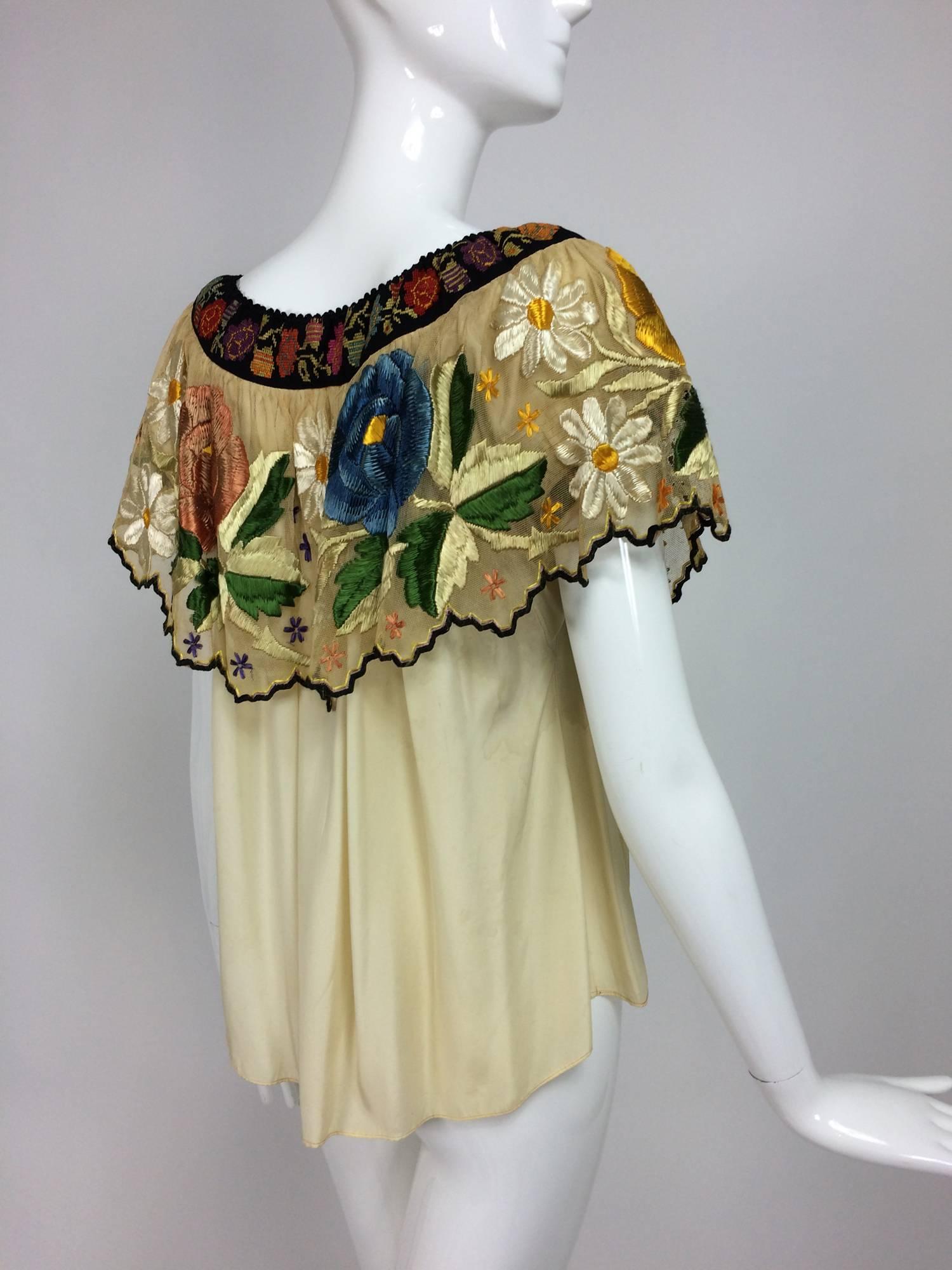Vintage Mexican silk needle point & embroidered peasant blouse 1940s  2