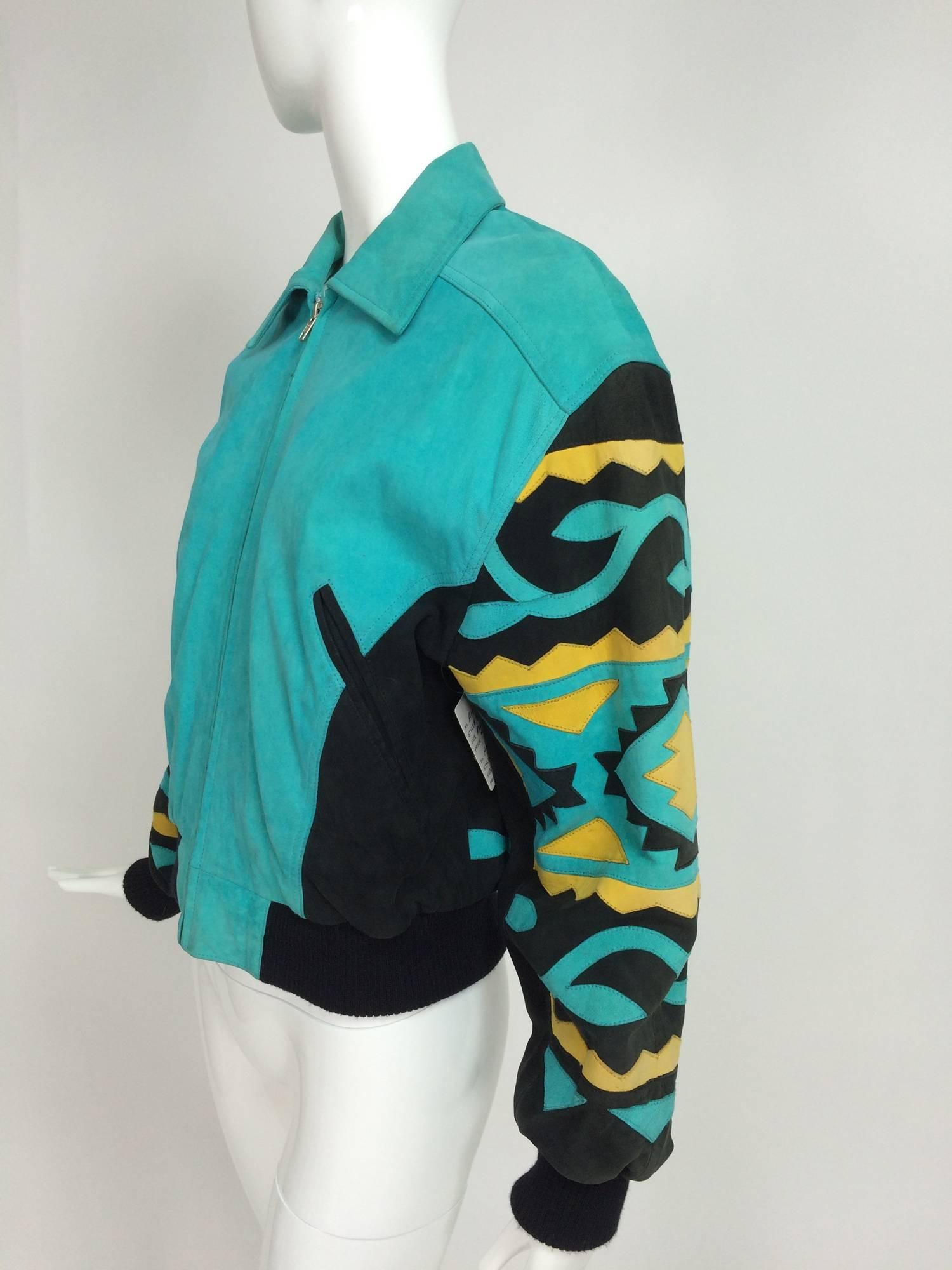 Michael Hoban for North Beach Leather Chaqueta tribal de ante con intarsia Años 80 Azul