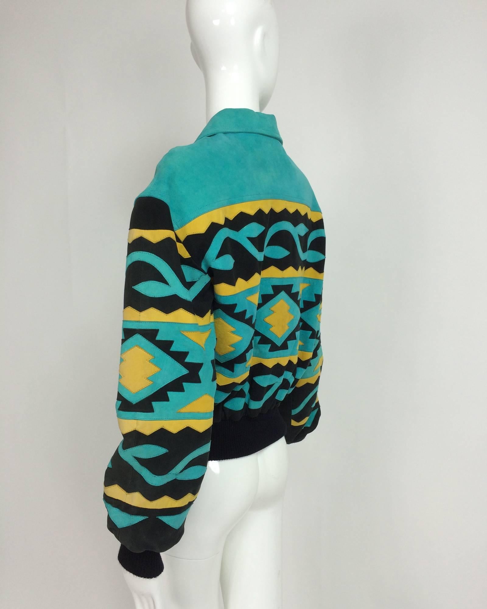 Michael Hoban for North Beach Leather Chaqueta tribal de ante con intarsia Años 80 en Excelente Estado en West Palm Beach, FL