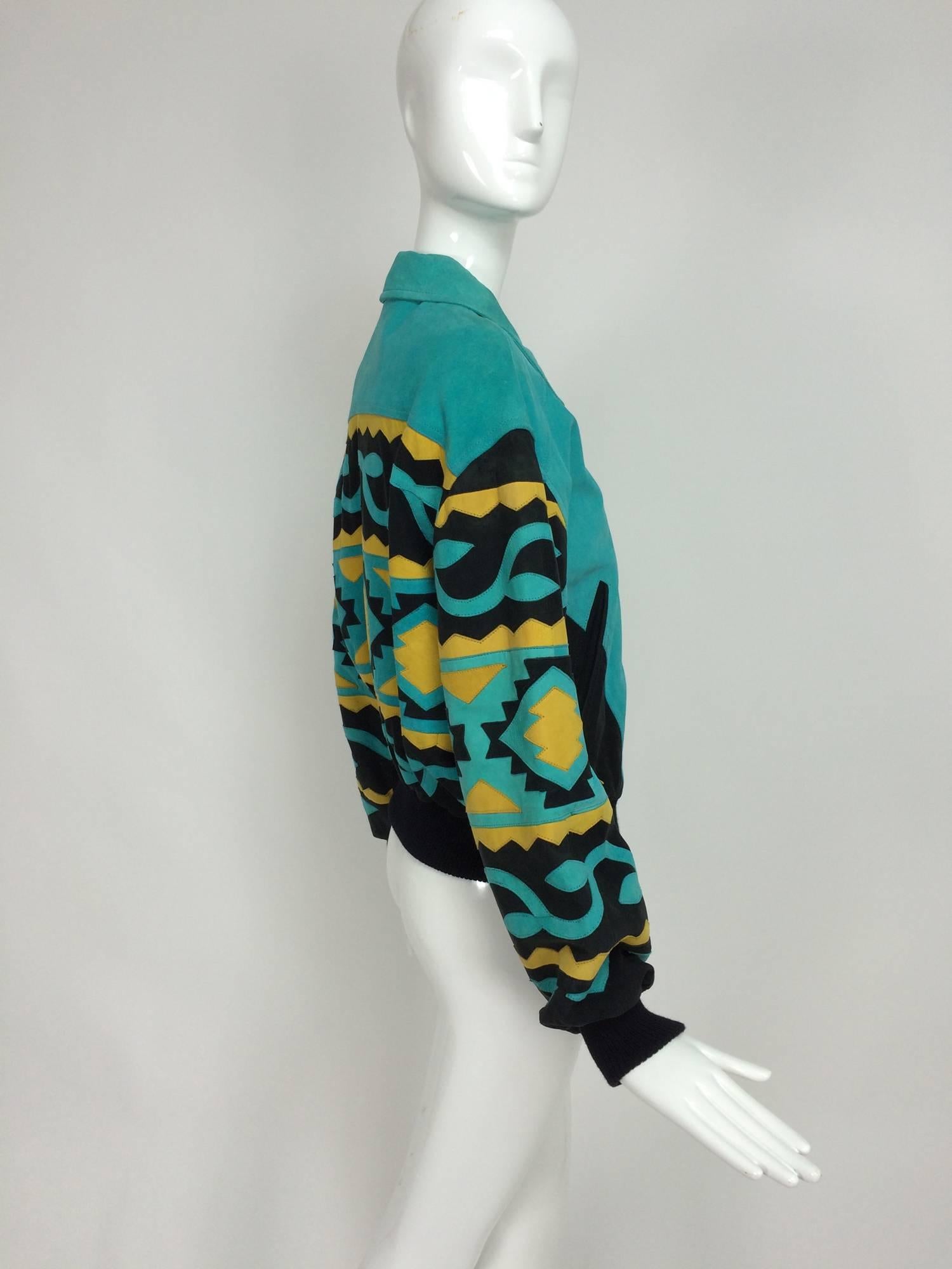 Femenino o masculino Michael Hoban for North Beach Leather Chaqueta tribal de ante con intarsia Años 80
