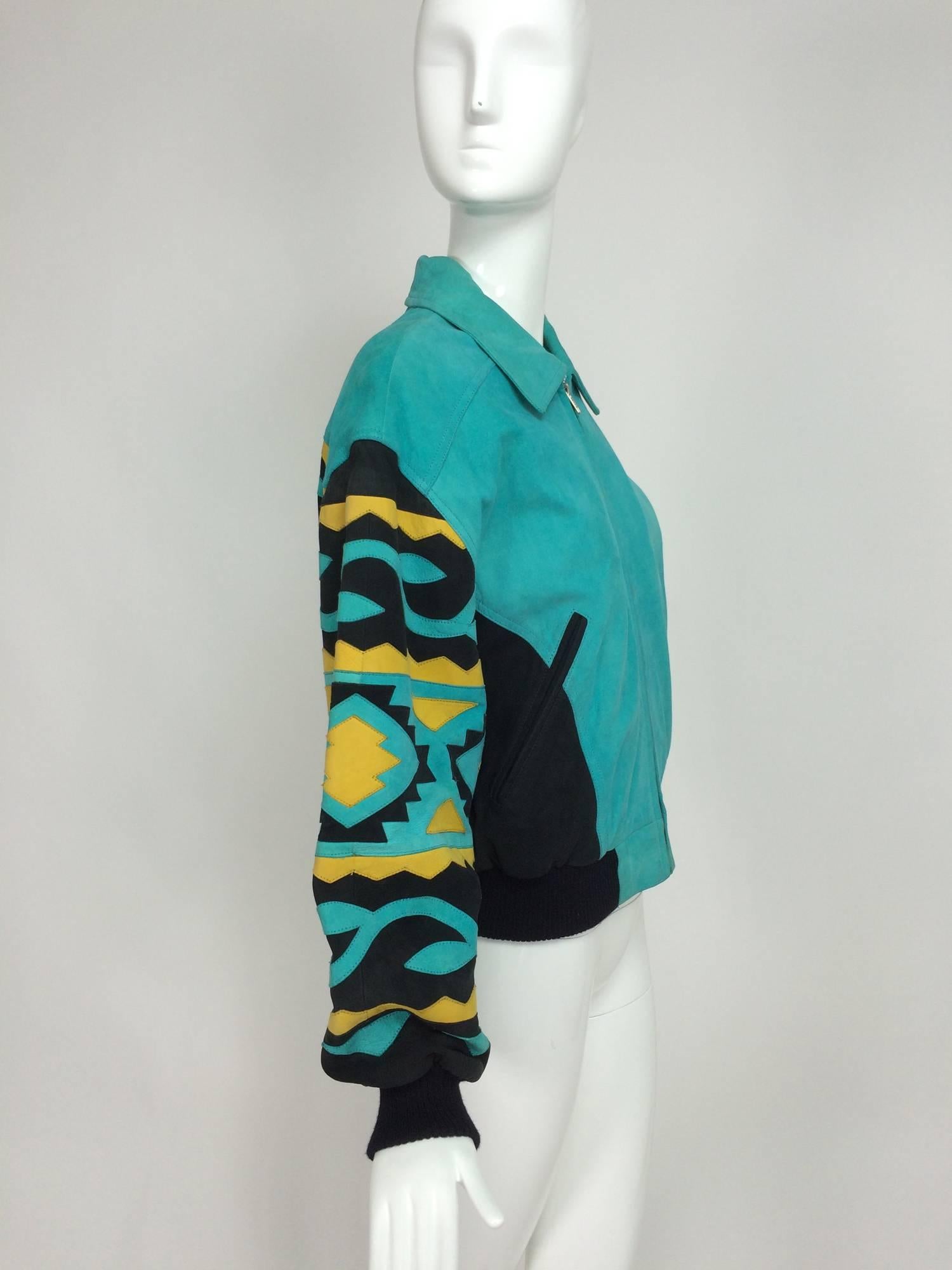 Blue Michael Hoban for North Beach Leather intarsia suede tribal jacket 1980s
