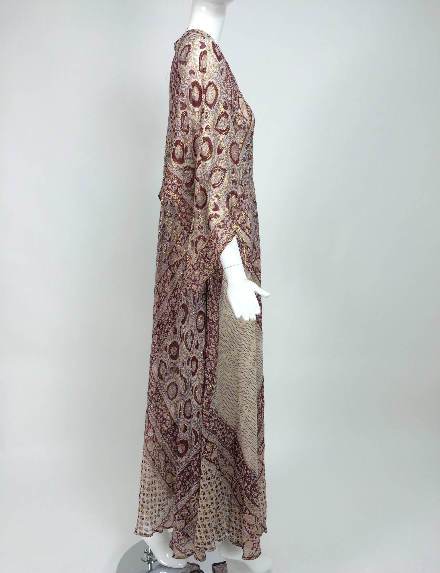 Sheer gauze block print with gold caftan from India 1960s Woodward & Lothrop In Excellent Condition In West Palm Beach, FL