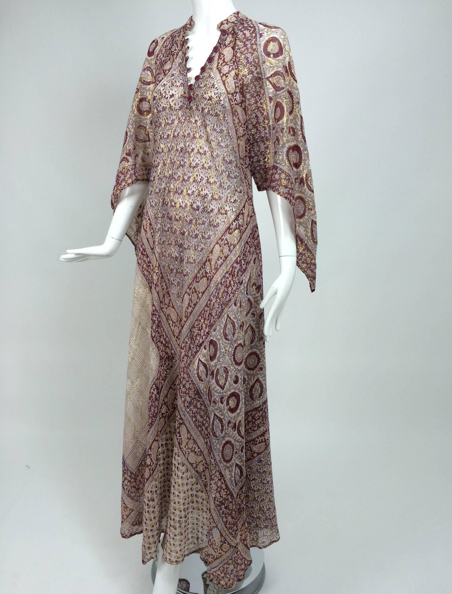 Women's Sheer gauze block print with gold caftan from India 1960s Woodward & Lothrop