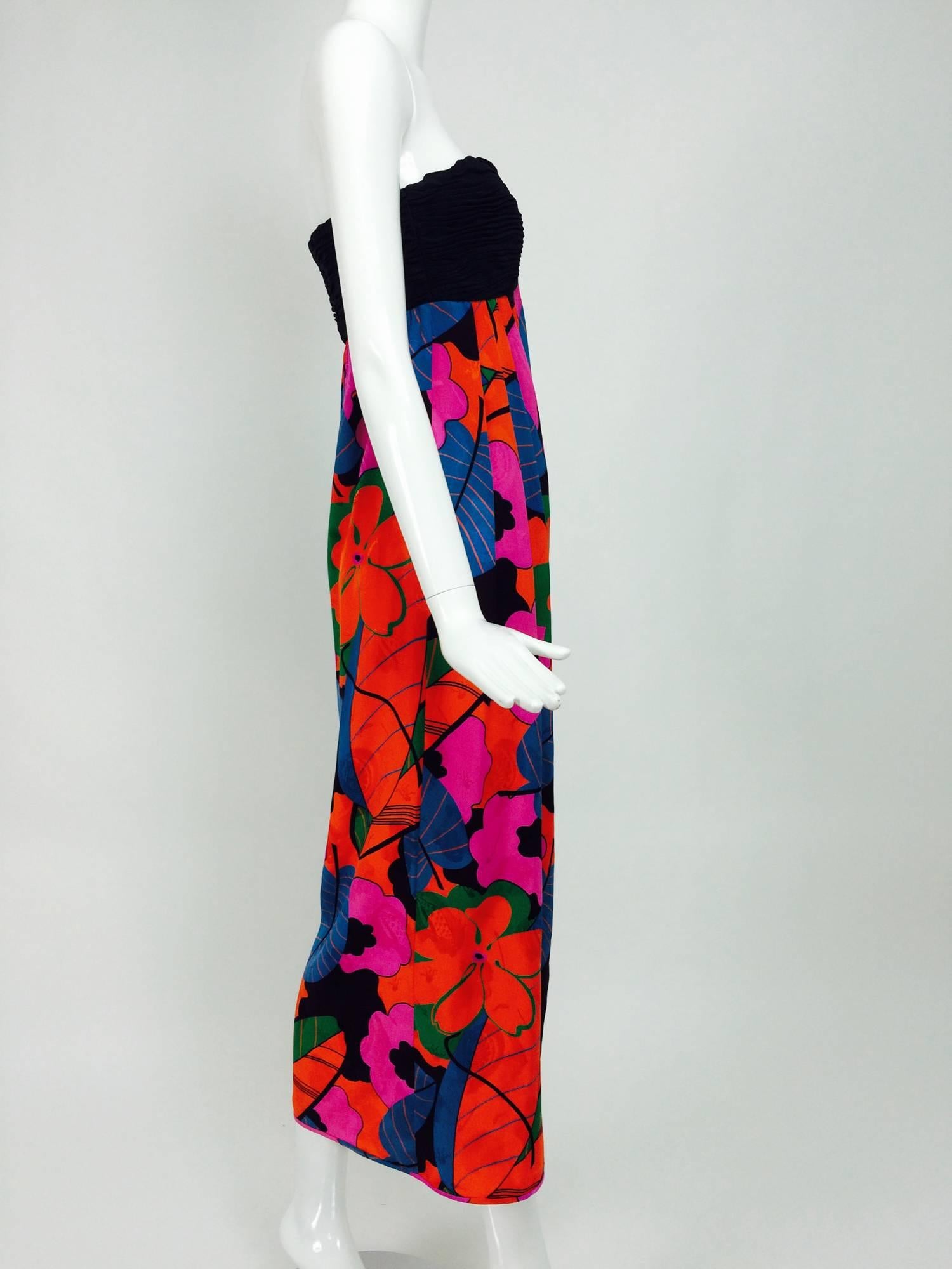 Black Emanuel Ungaro Parallele Tropical Print Strapless Maxi Dress 1970s