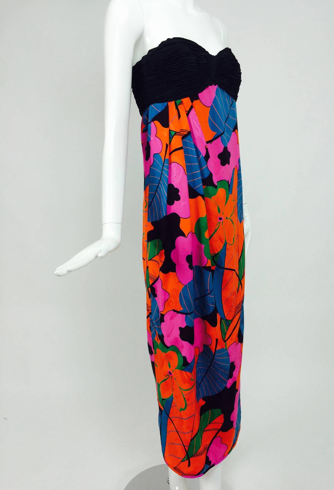 Emanuel Ungaro Parallele Tropical Print Strapless Maxi Dress 1970s In Good Condition In West Palm Beach, FL