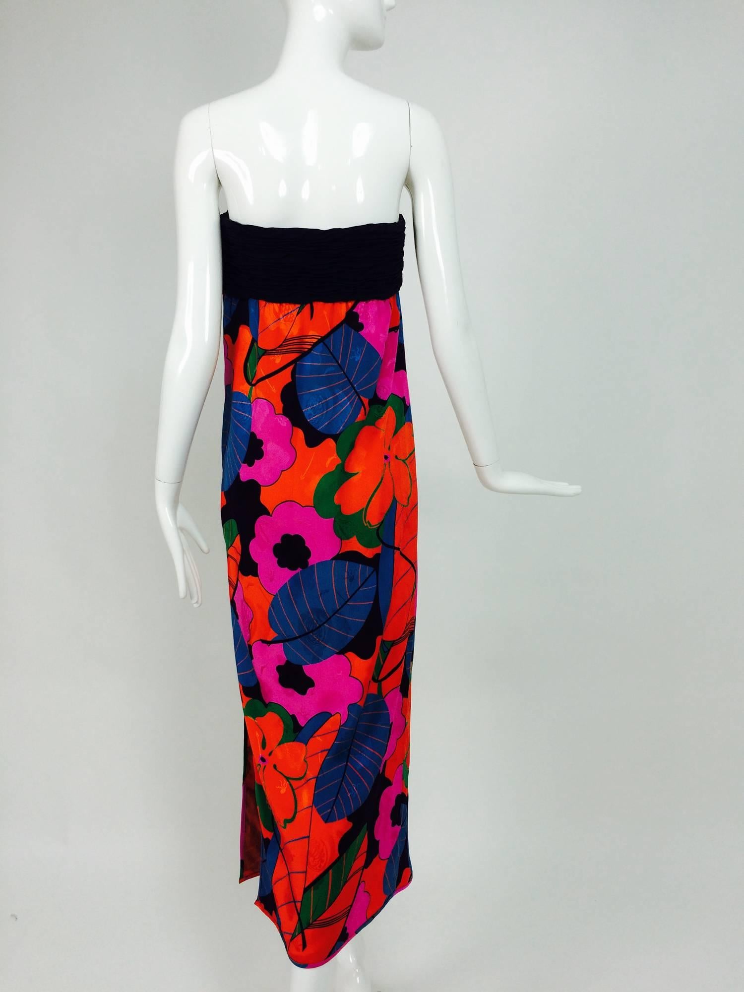 Emanuel Ungaro Parallele Tropical Print Strapless Maxi Dress 1970s 1