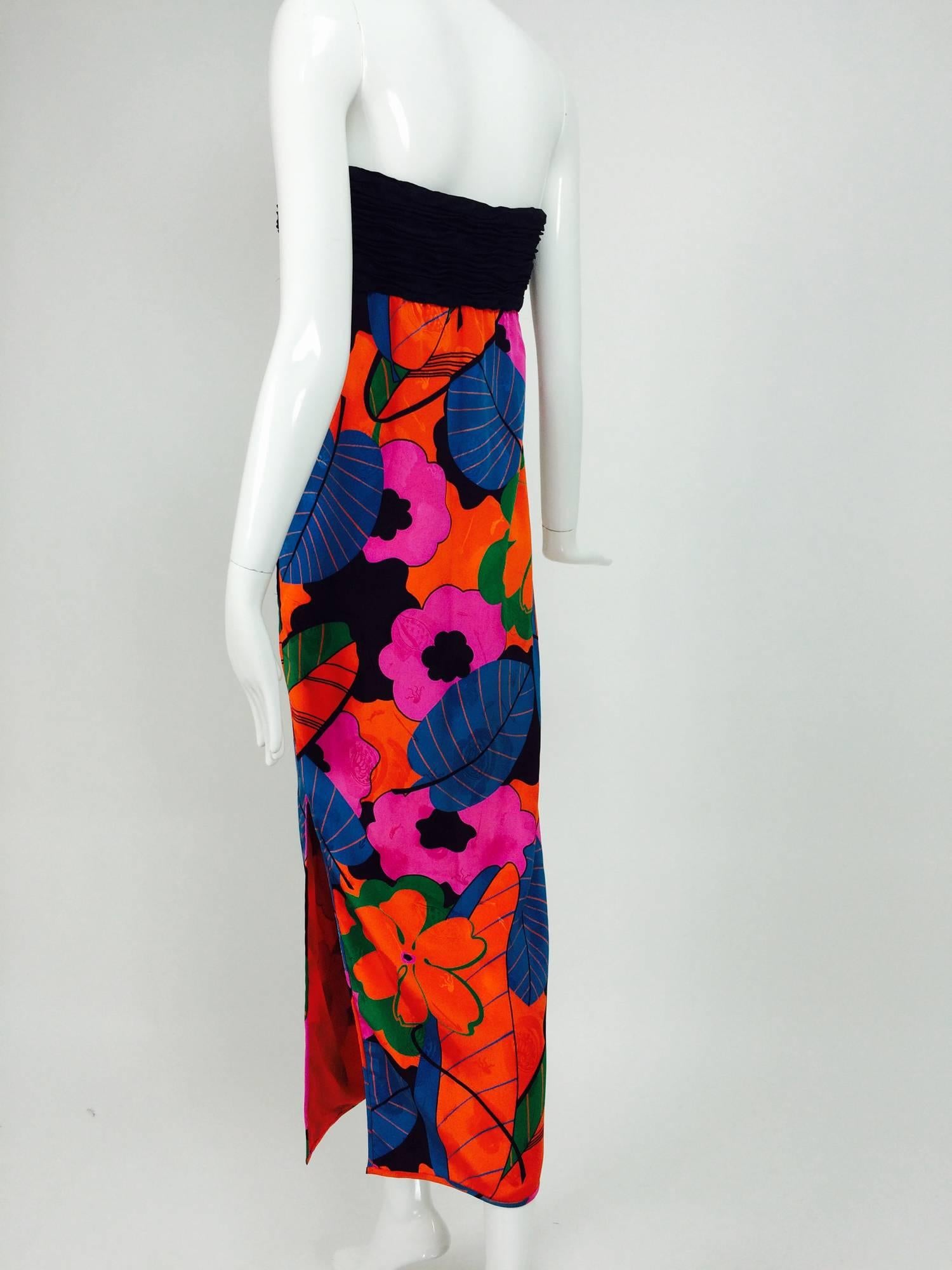 Emanuel Ungaro Parallele Tropical Print Strapless Maxi Dress 1970s 2