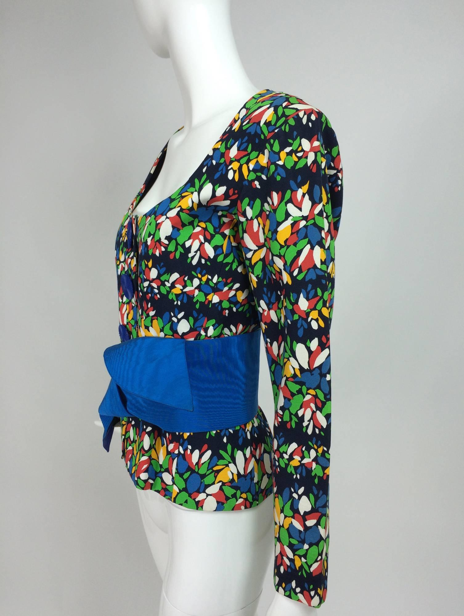 Yves Saint Laurent floral print scoop neck jacket & original belt early 80s...Long sleeve fully lined jacket has low scooped neckline and princess seams at the front...The jacket has the original wide fabric waist wrap in two shades of blue...Closes