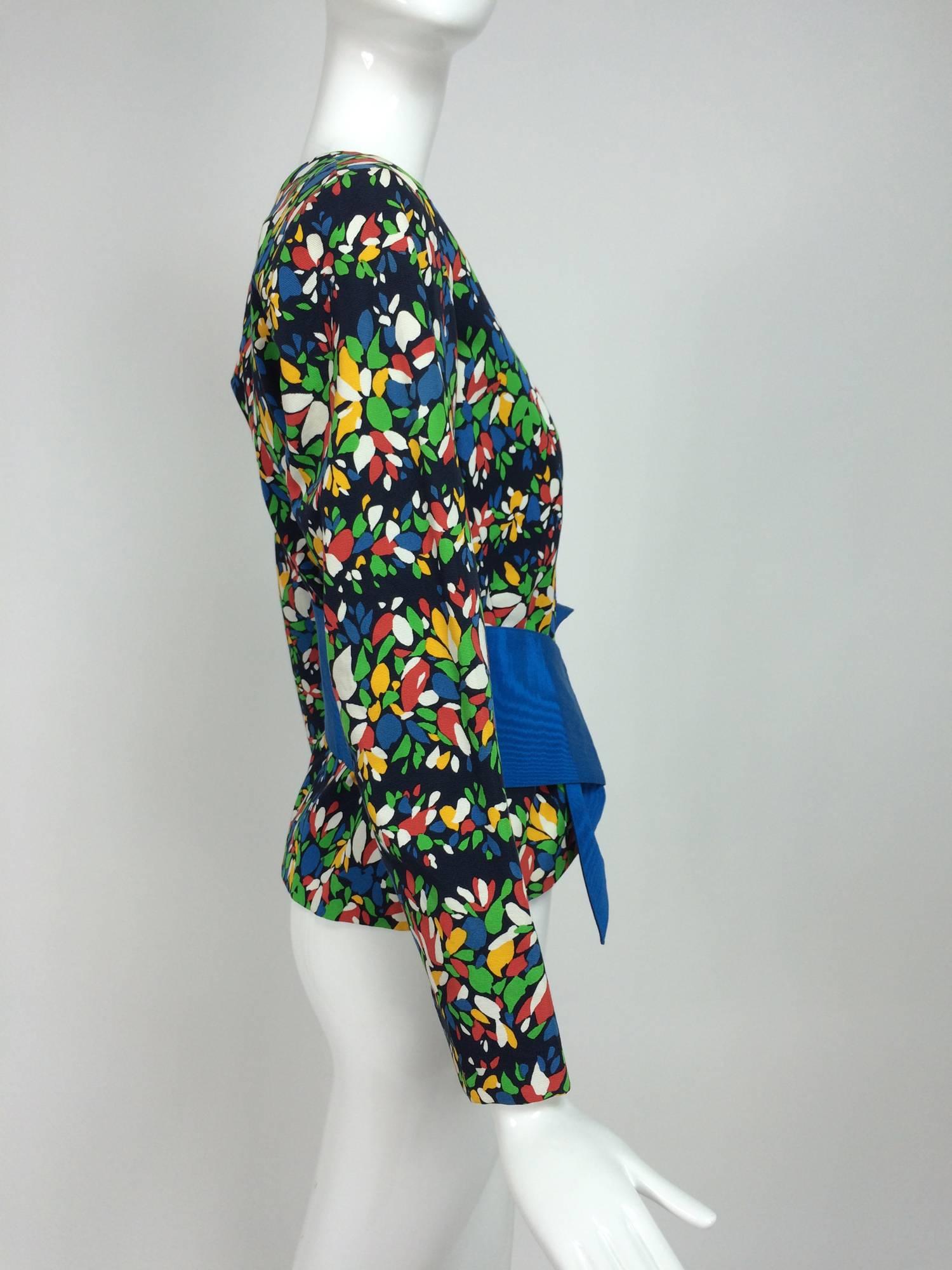 Women's Yves Saint Laurent floral print scoop neck jacket & original belt early 80s For Sale