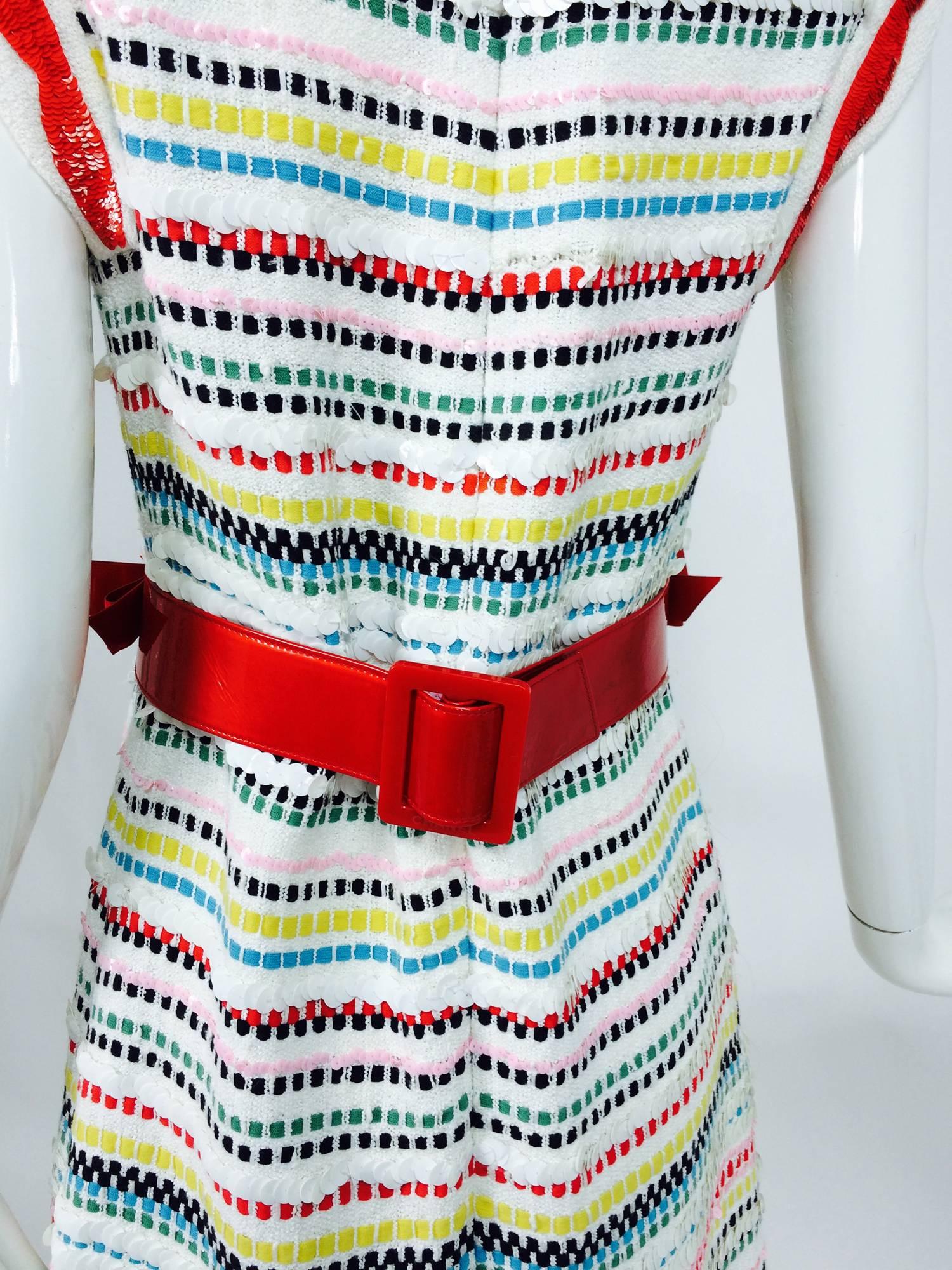 Women's Chanel sleeveless white knit sequin dress & red patent bow belt 2008