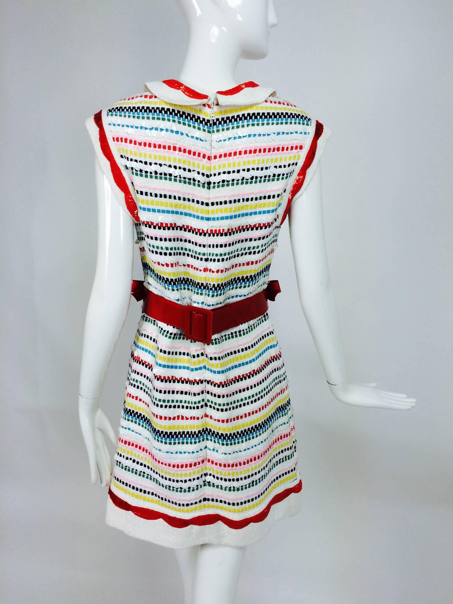 Chanel sleeveless white knit sequin dress & red patent bow belt 2008 4