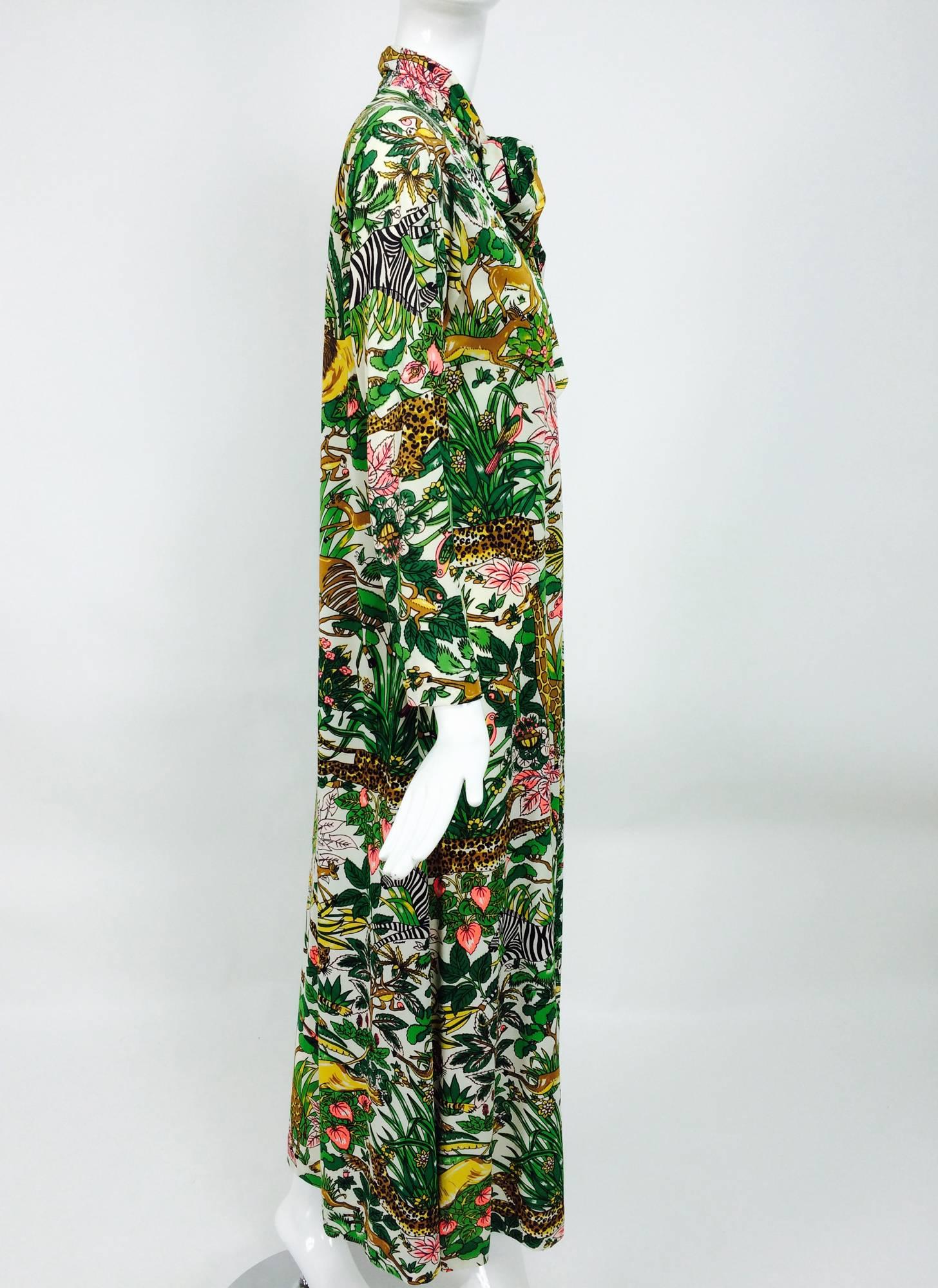 Eduardo Saks 5th Ave. jungle print bow tie lounge caftan maxi dress1970s 1