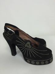 1940s black suede peep toe studded sling back platform high heel shoes 7 1/2M