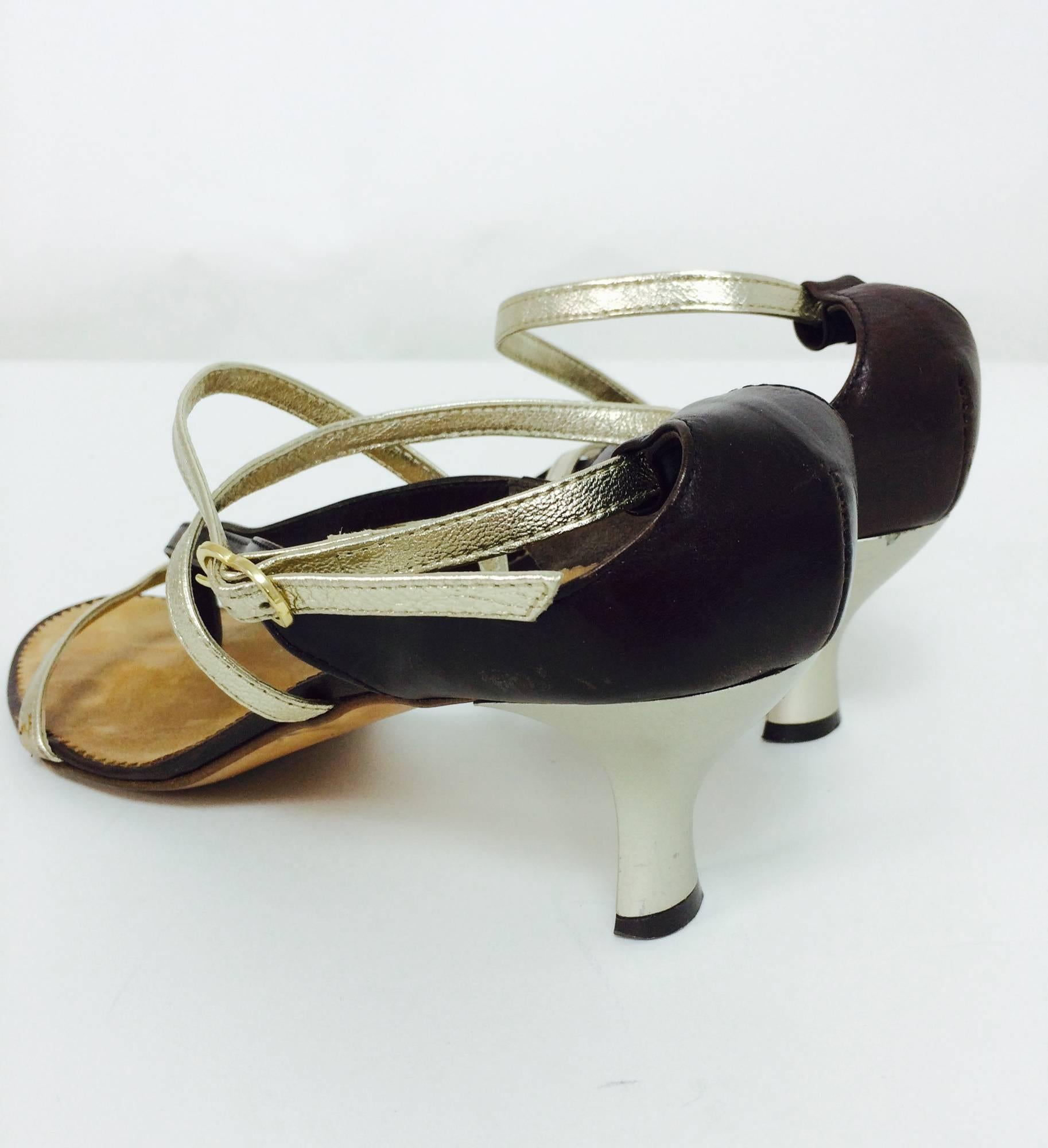 Herzel De Bach Rome dark chocolate brown, silver & gold leather kitten heel sandal 37...Beautifully made silver kitten heel sandals with straps in dark brown and gold leather...Thong style with wrap buckle straps...The foot bed is lined in soft tan