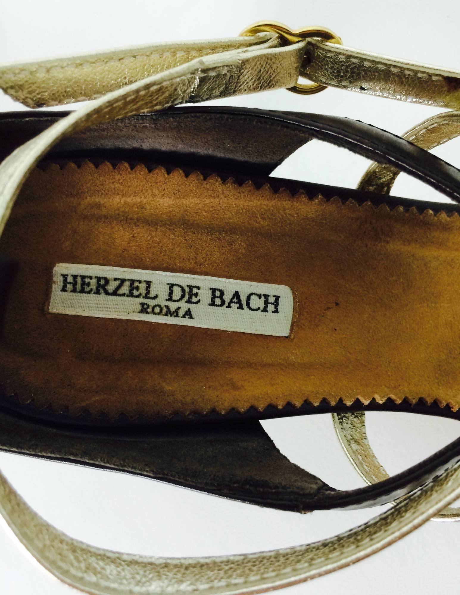 Herzel De Bach Rome dark brown, silver & gold leather kitten heel sandal 37 In Good Condition In West Palm Beach, FL