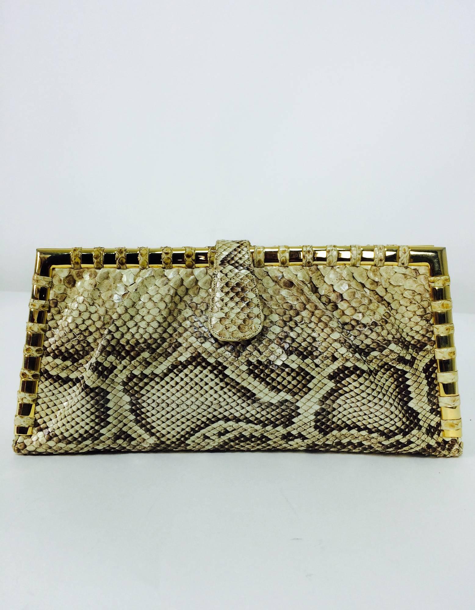 Brown Judith Leiber natural python gold frame snake chain handbag or clutch 