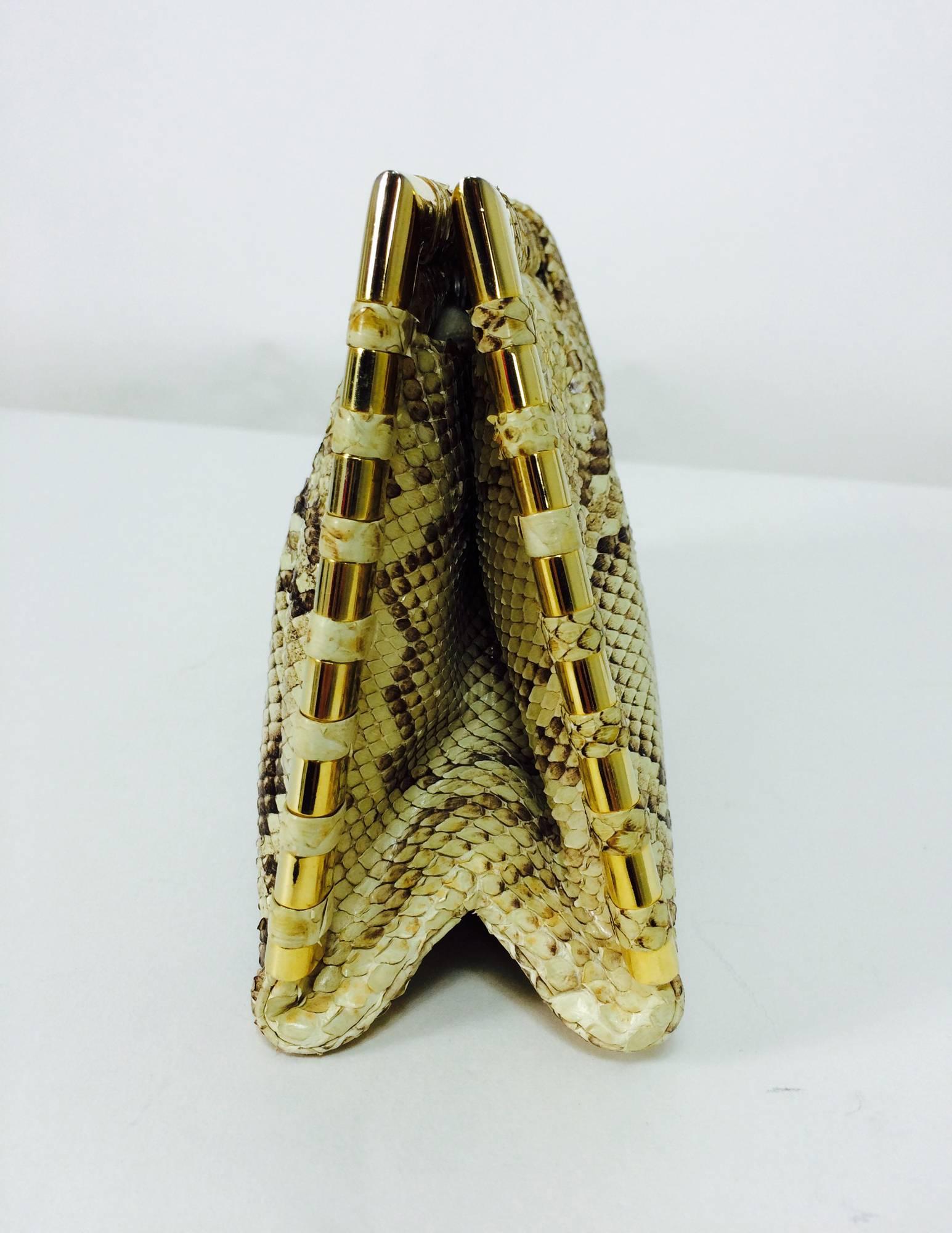 Women's Judith Leiber natural python gold frame snake chain handbag or clutch 