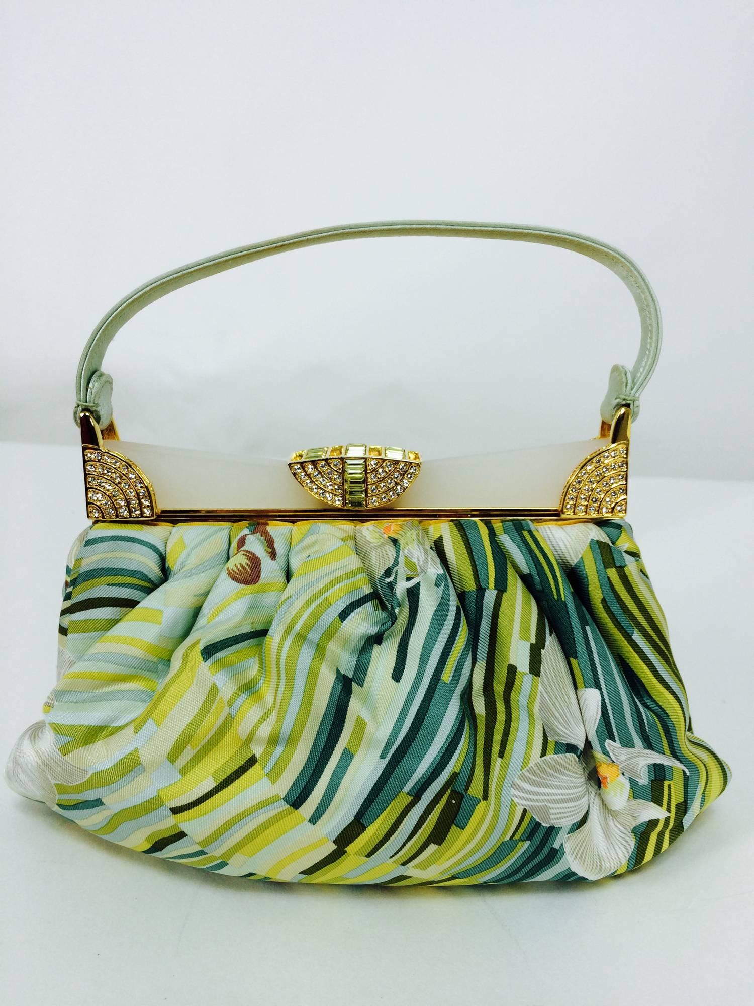 Brown Judith Leiber plexiglass & jewel frame silk tropical orchid print handbag 