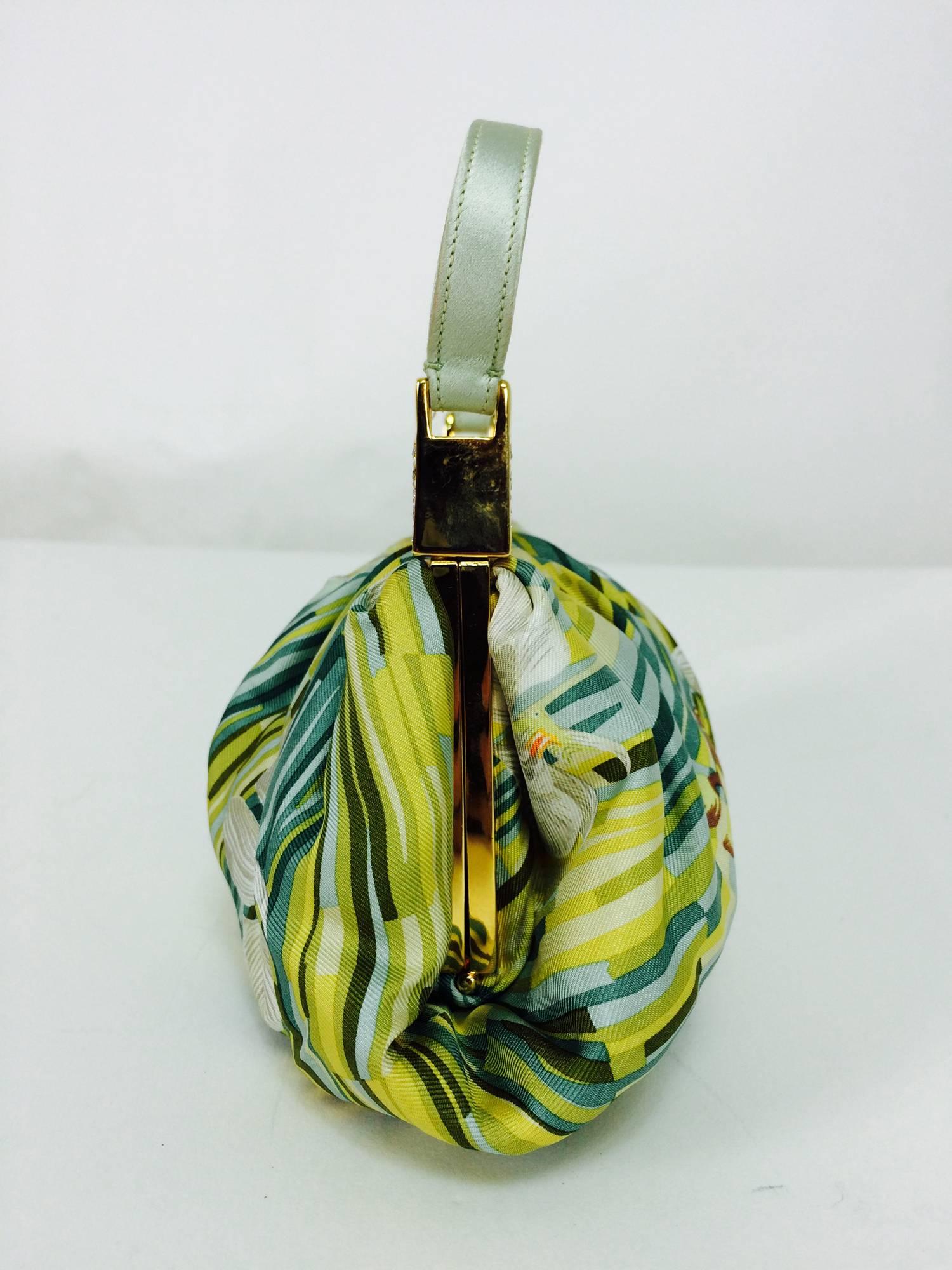 Judith Leiber plexiglass & jewel frame silk tropical orchid print handbag  1