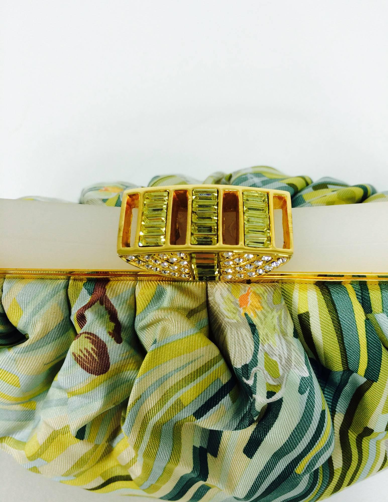 Judith Leiber plexiglass & jewel frame silk tropical orchid print handbag  2