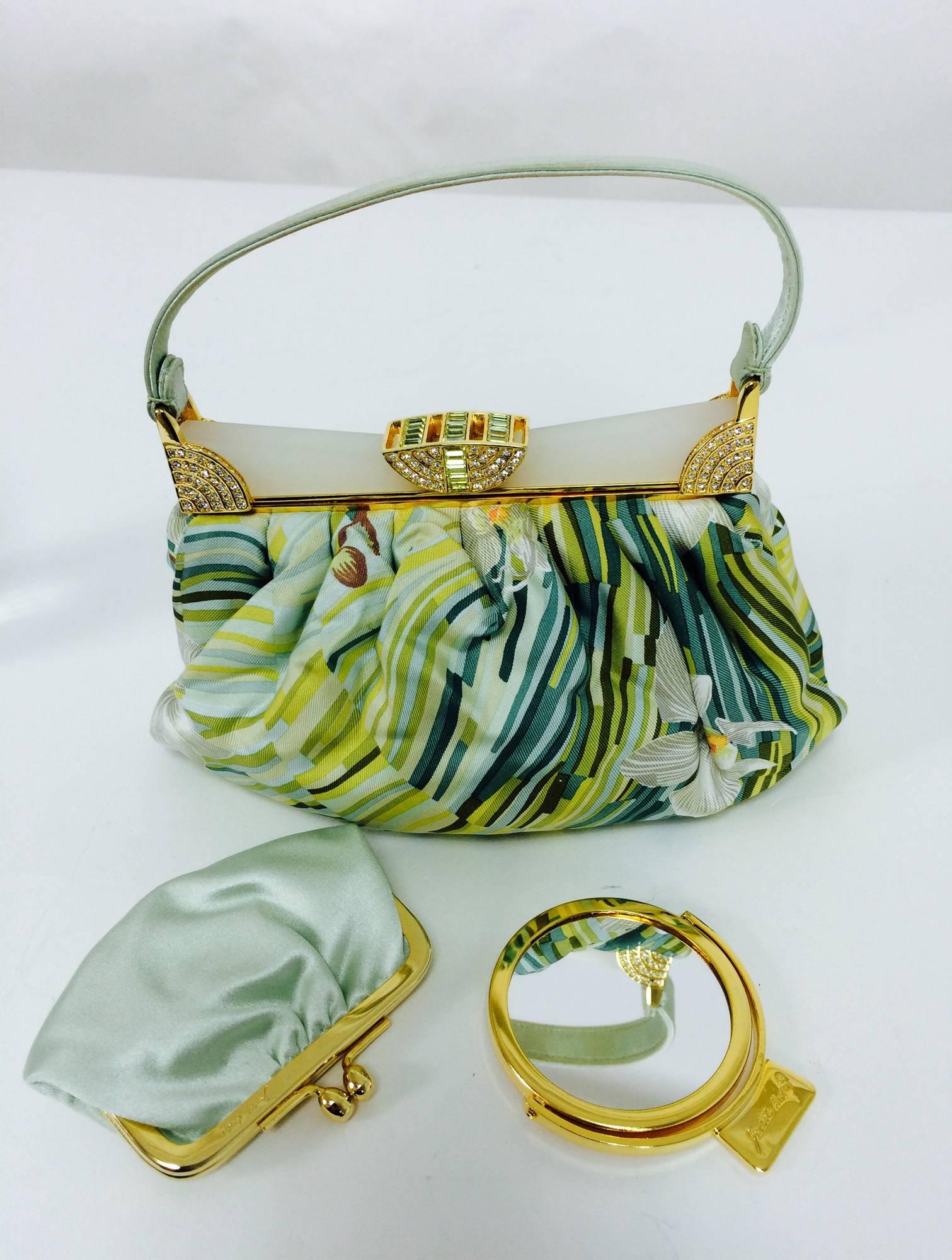 Judith Leiber plexiglass & jewel frame silk tropical orchid print handbag  3