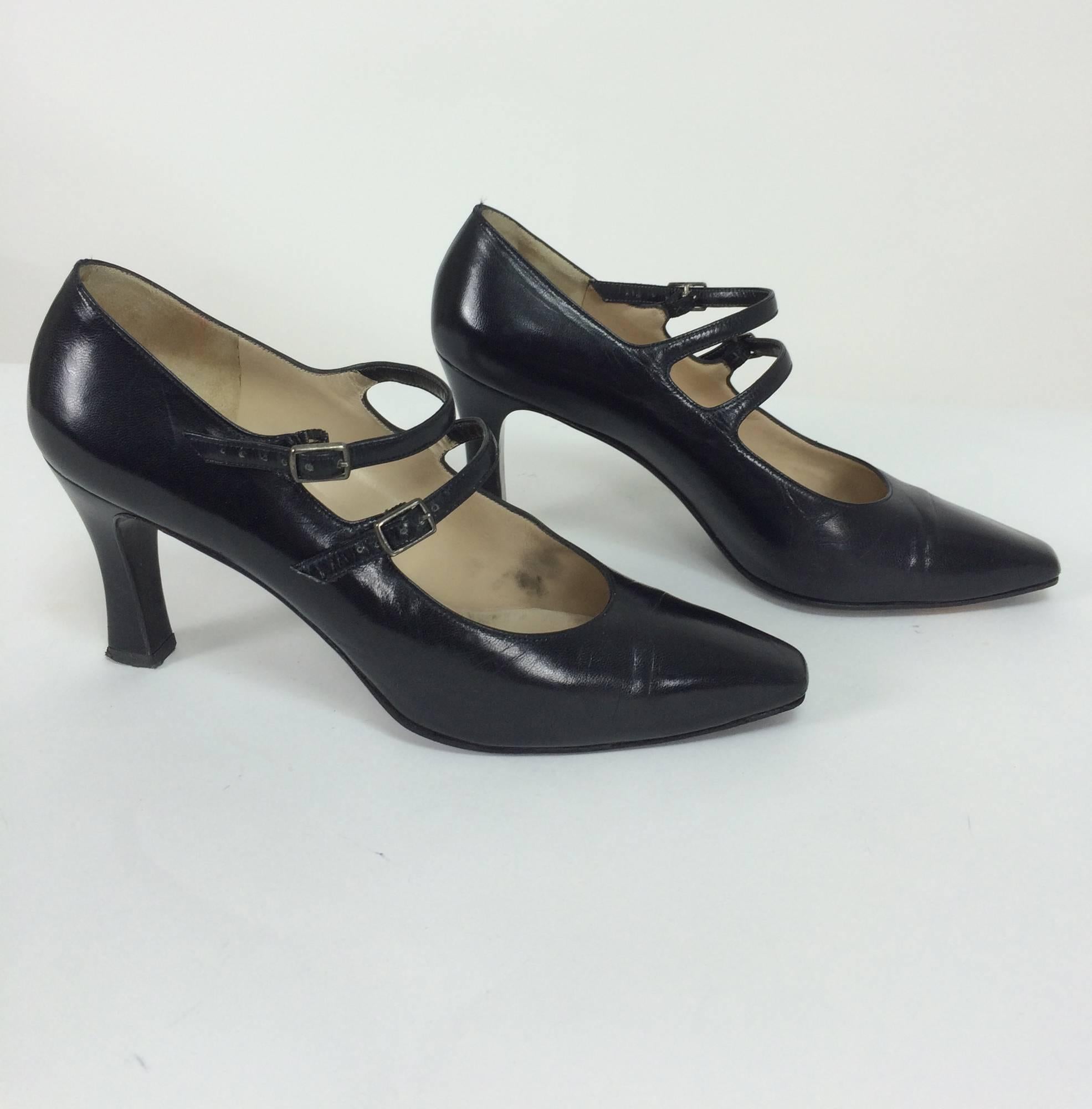 Rene Mancini glazed black calf double strap front high heel 37M...Glazed black calf double buckle strap at the instep high heeled pumps, approx. 3 1/2