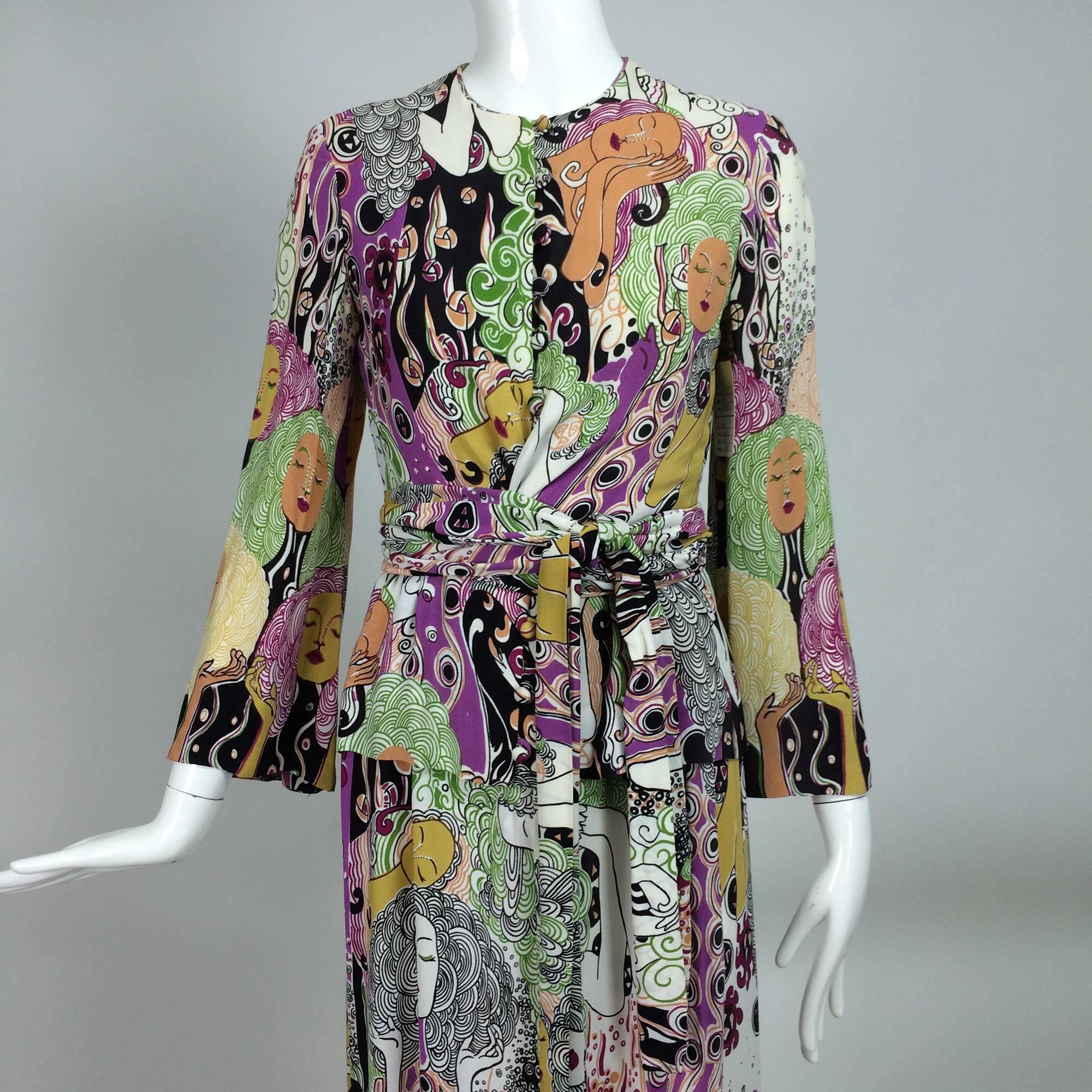 Gray art nouveau style womens faces crepe print wrap waist dress 1970s